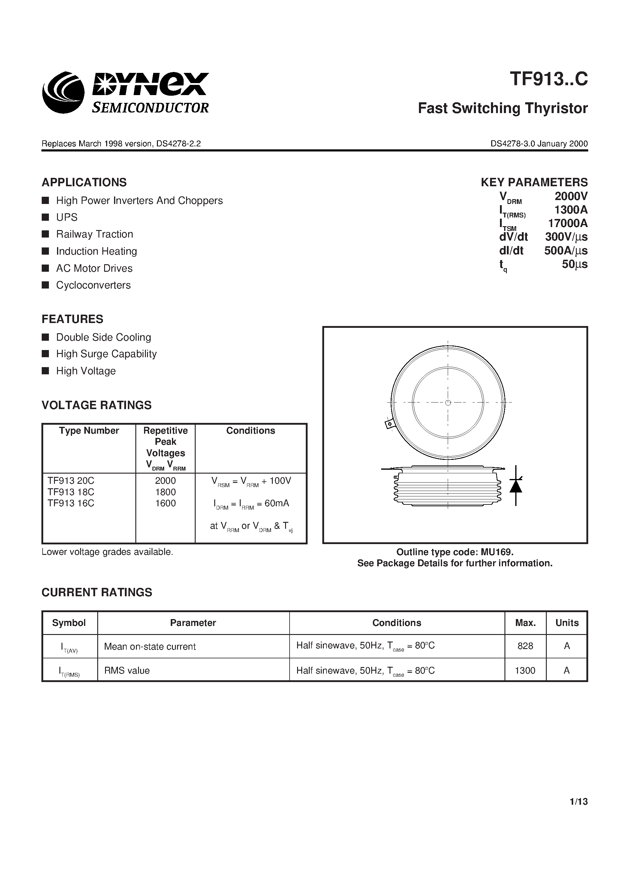 Datasheet TF91318C - Fast Switching Thyristor page 1