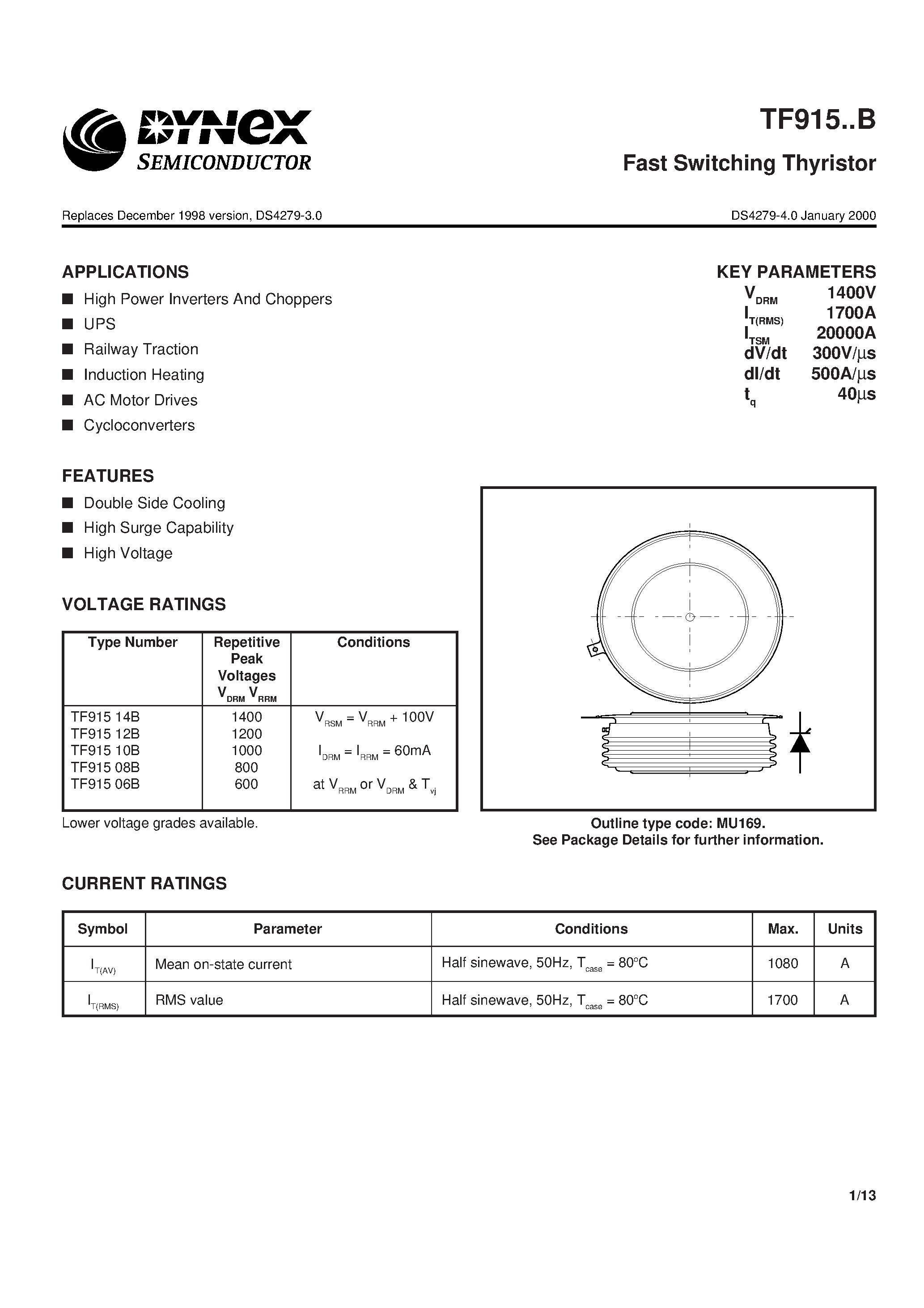 Datasheet TF91508B page 1 Datasheet TF91508B - Fast Switching Thyristor page 1
