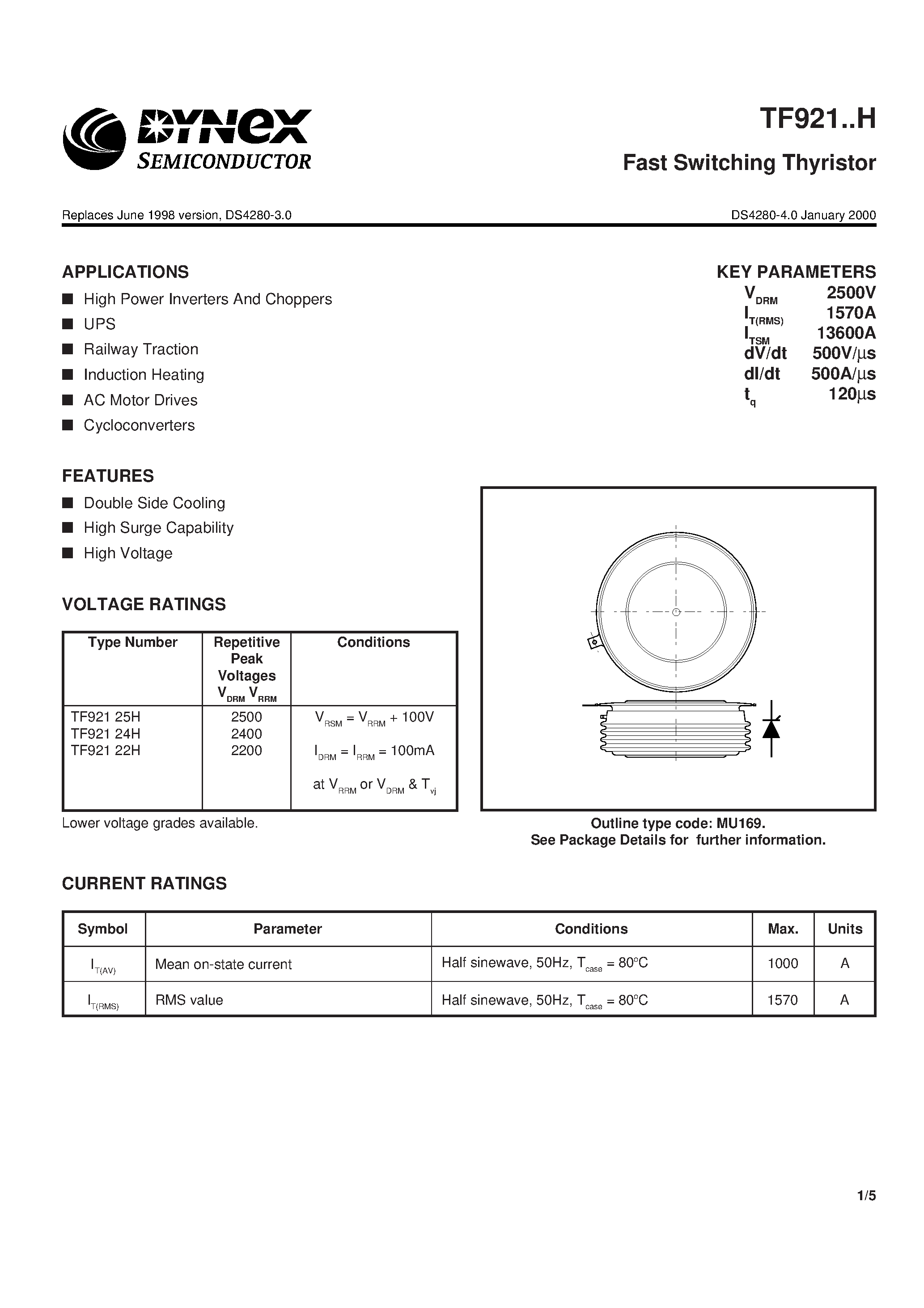 Datasheet TF921 page 1 Datasheet TF921 - Fast Switching Thyristor page 1