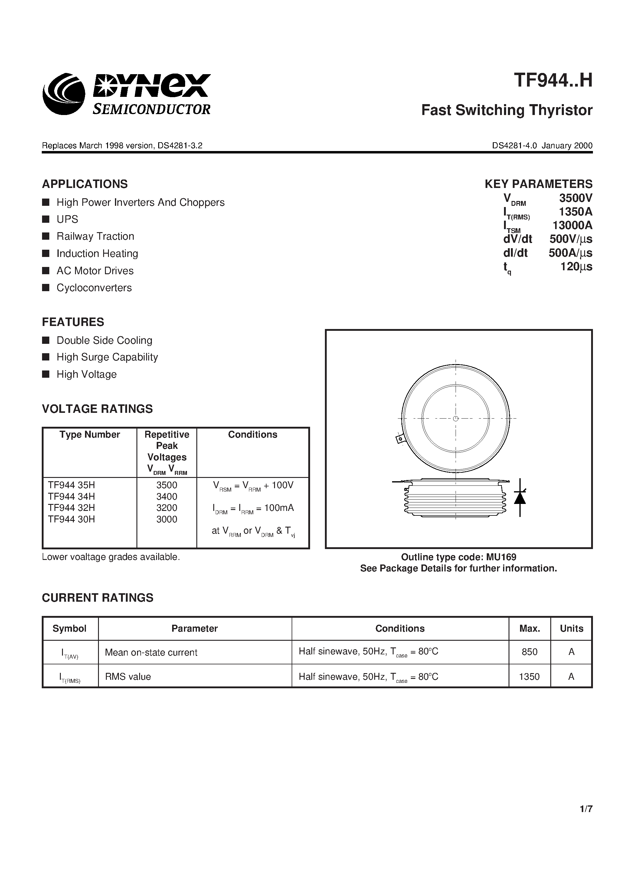 Datasheet TF94432H page 1 Datasheet TF94432H - Fast Switching Thyristor page 1