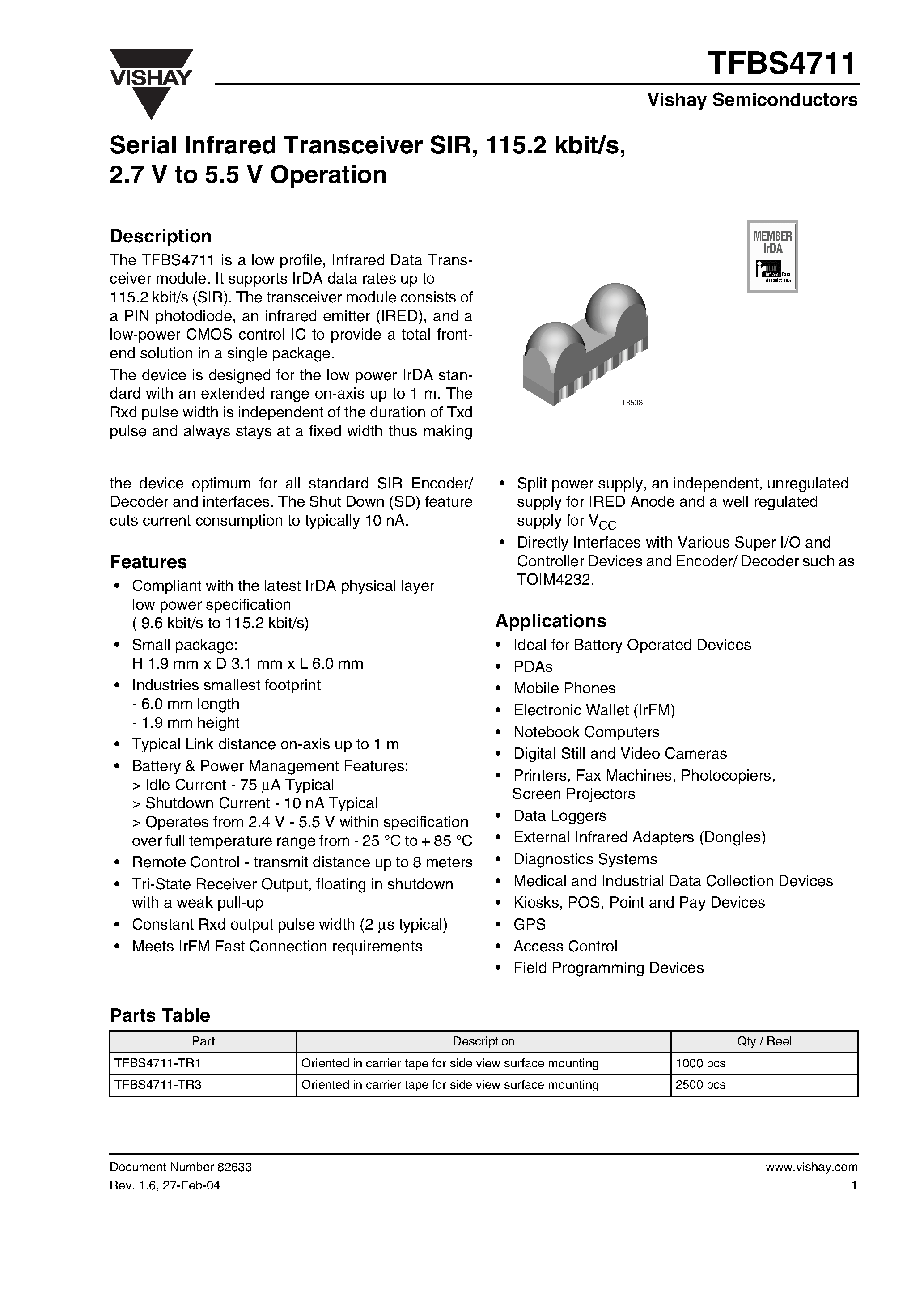 Datasheet TFBS4711-TR1 - Serial Infrared Transceiver SIR/ 115.2 kbit/s/ 2.7 V to 5.5 V Operation page 1