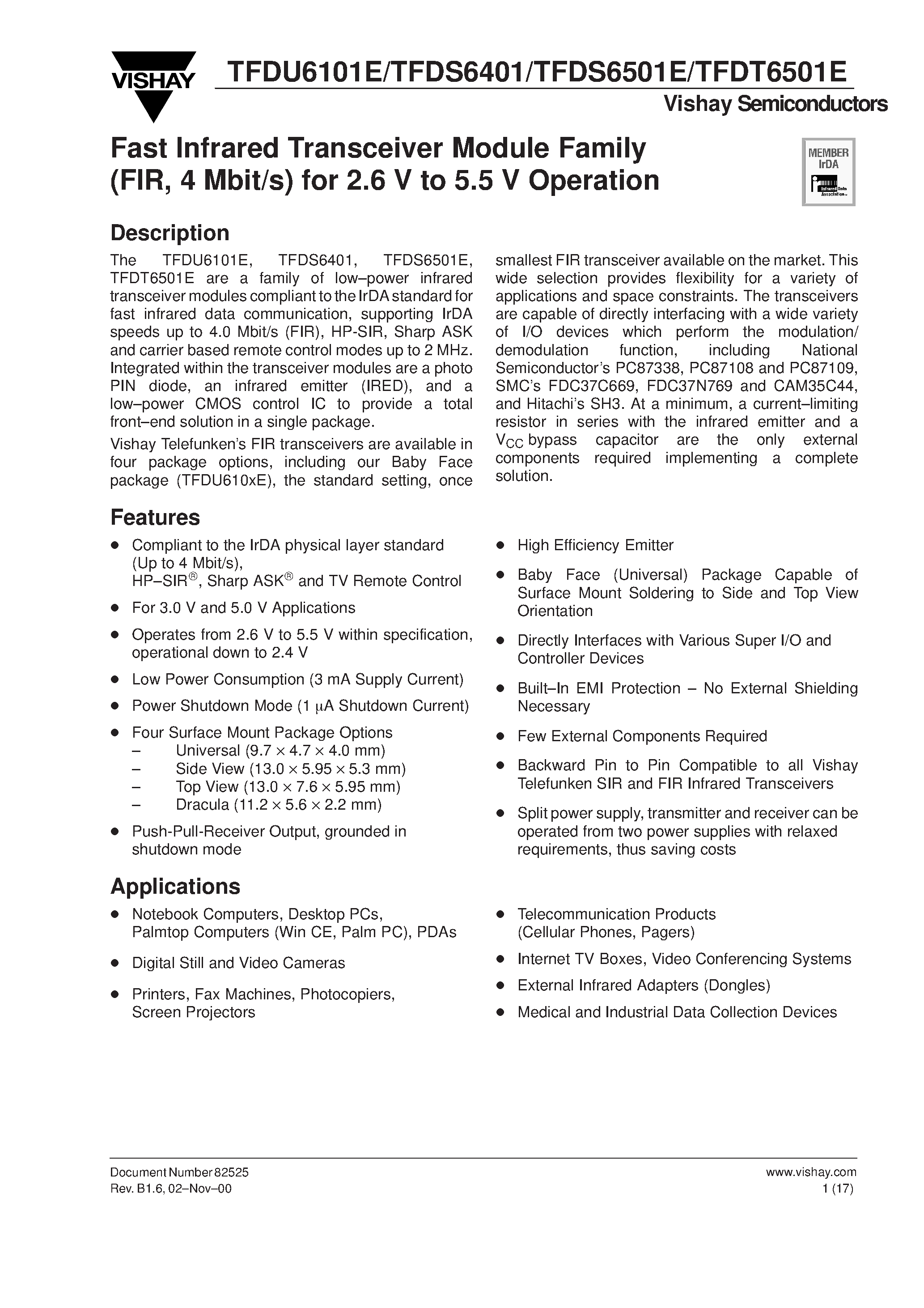 Datasheet TFDT6501E - Fast Infrared Transceiver Module Family (FIR/ 4 Mbit/s) for 2.6 V to 5.5 V Operation page 1