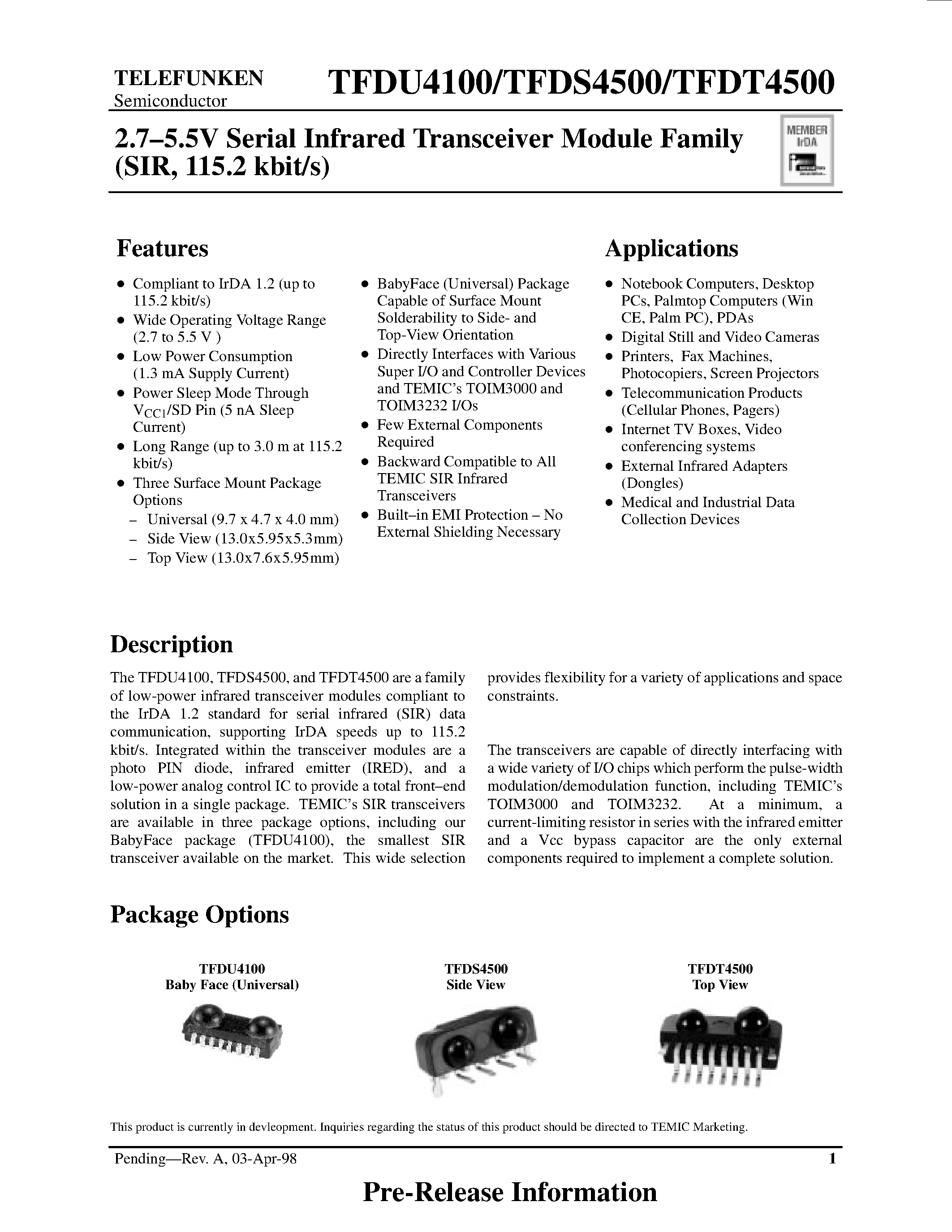 Datasheet TFDU4100 - 2.7-5.5V Serial Infrared Transceiver Module Family page 1
