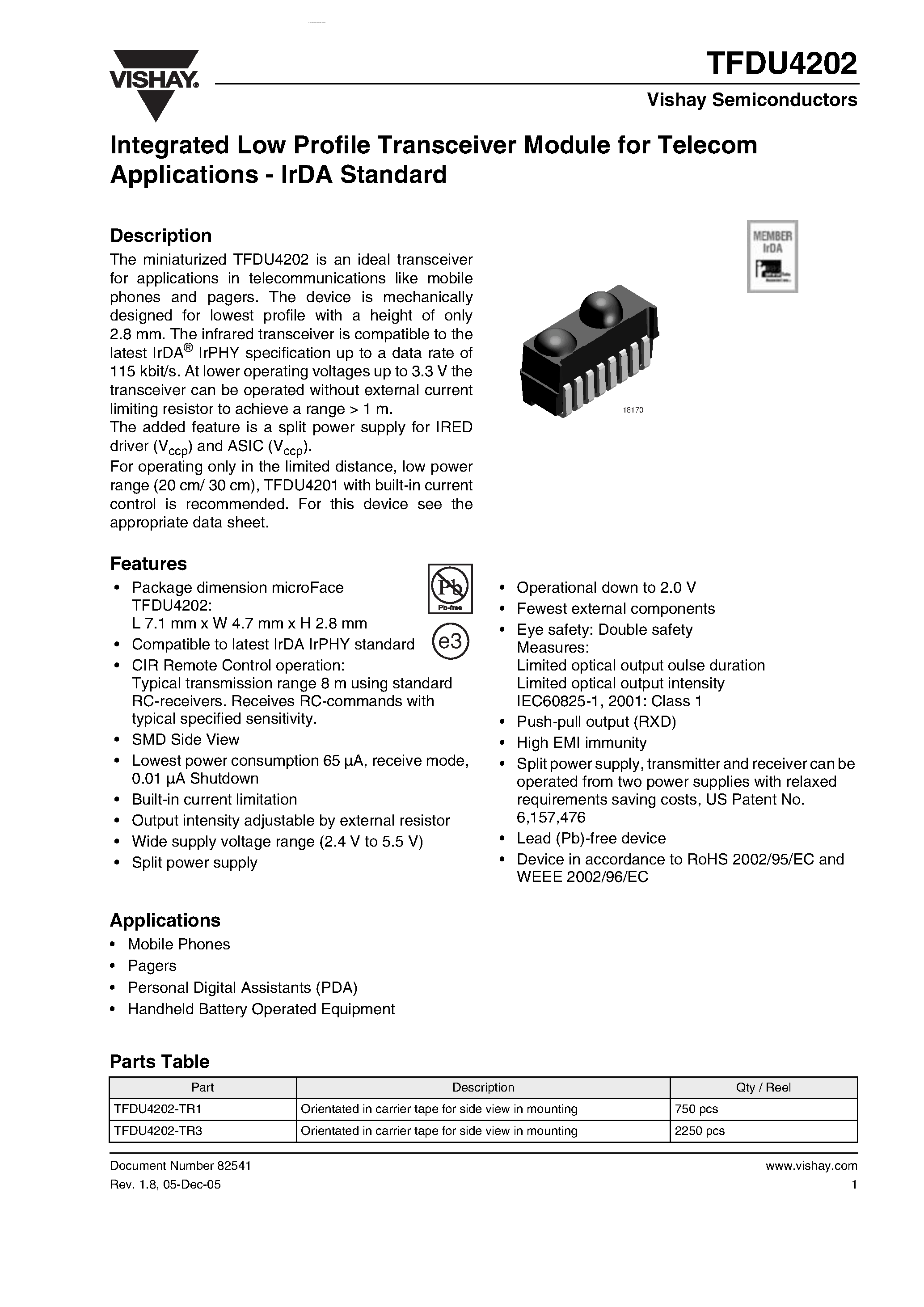 Даташит на микросхему TFDU4202 страница 1 Даташит TFDU4202 - Integrated Low Profile Transceiver Module for Telecom Applications - IrDA Standard страница 1
