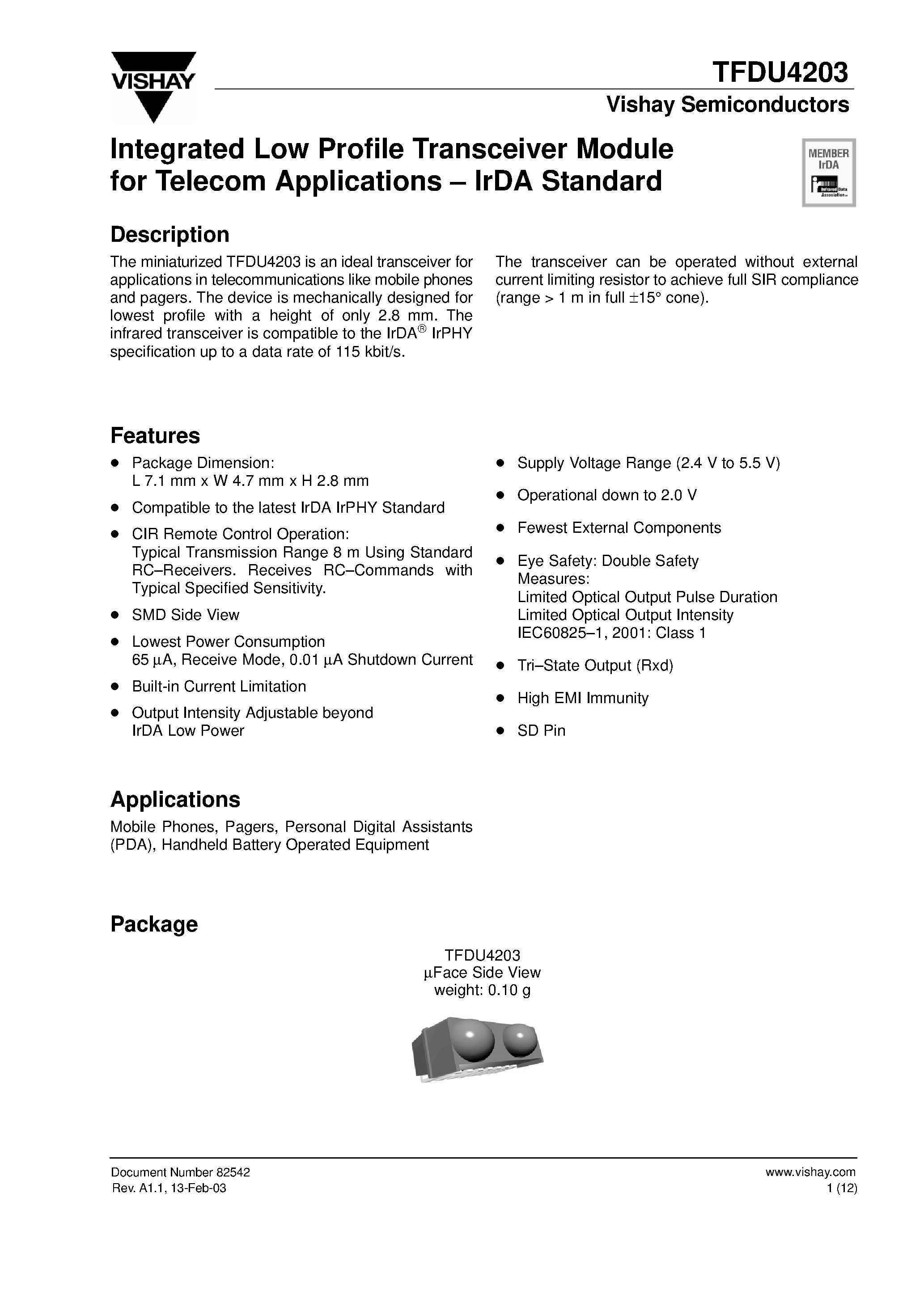 Даташит на микросхему TFDU4204 страница 1 Даташит TFDU4204 - Integrated Low Profile Transceiver Module for Telecom Applications - IrDA Standard страница 1