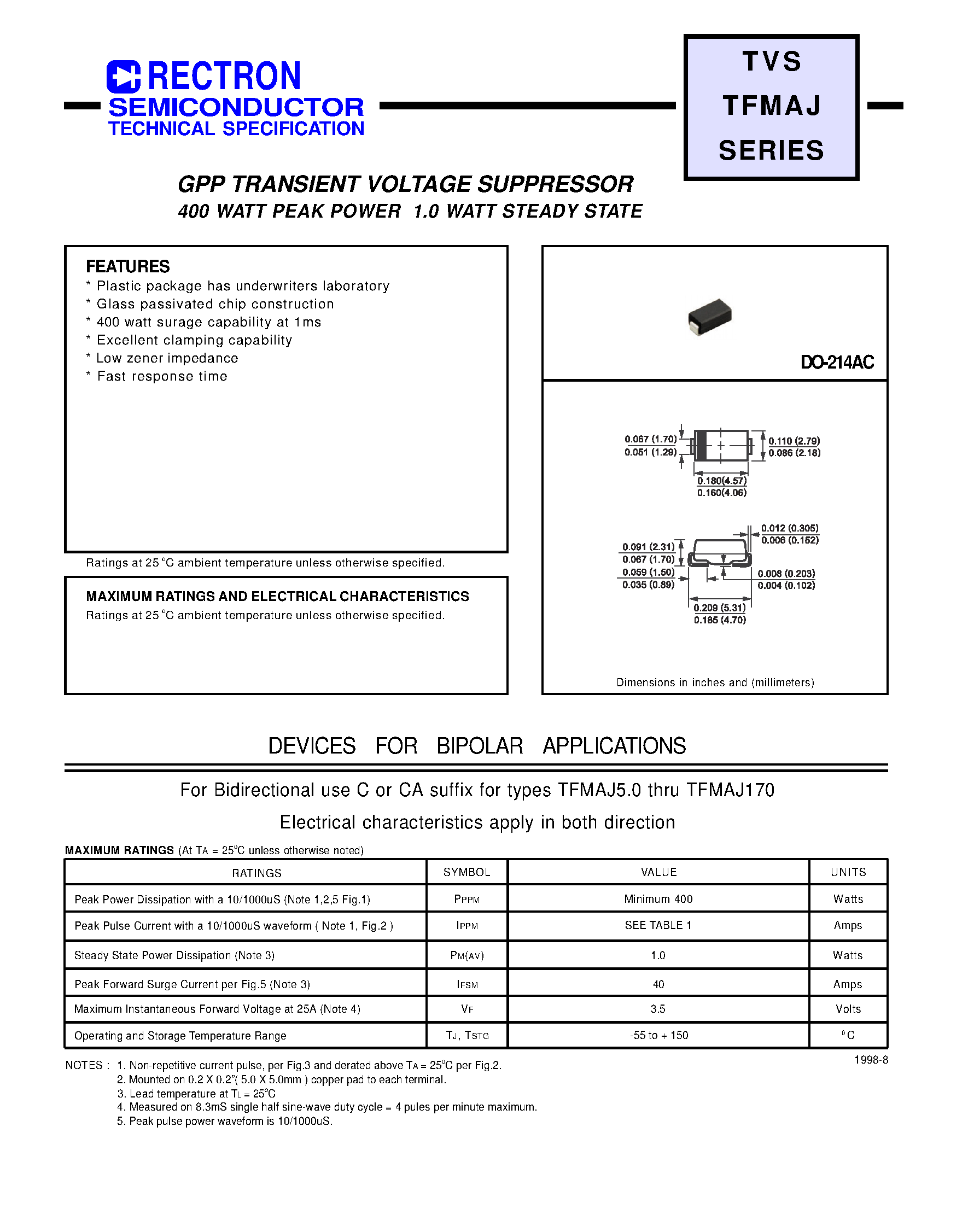 Datasheet TFMAJ45A - GPP TRANSIENT VOLTAGE SUPPRESSOR (400 WATT PEAK POWER 1.0 WATT STEADY STATE) page 1