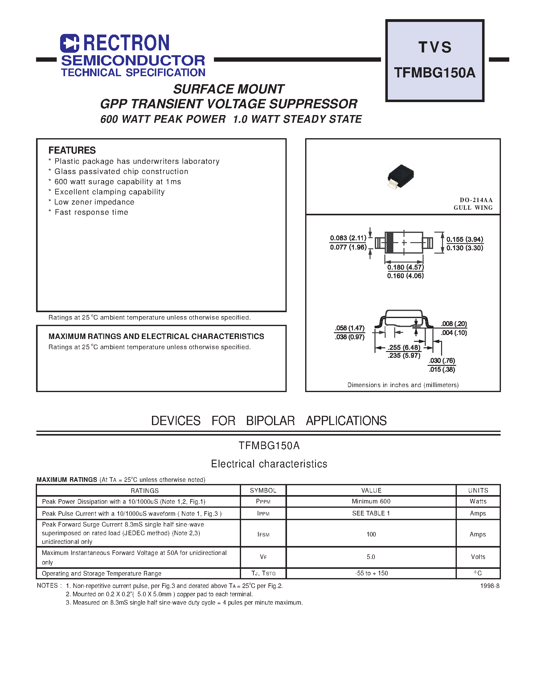 Datasheet TFMBG150A - SURFACE MOUNT GPP TRANSIENT VOLTAGE SUPPRESSOR (600 WATT PEAK POWER 1.0 WATT STEADY STATE) page 1
