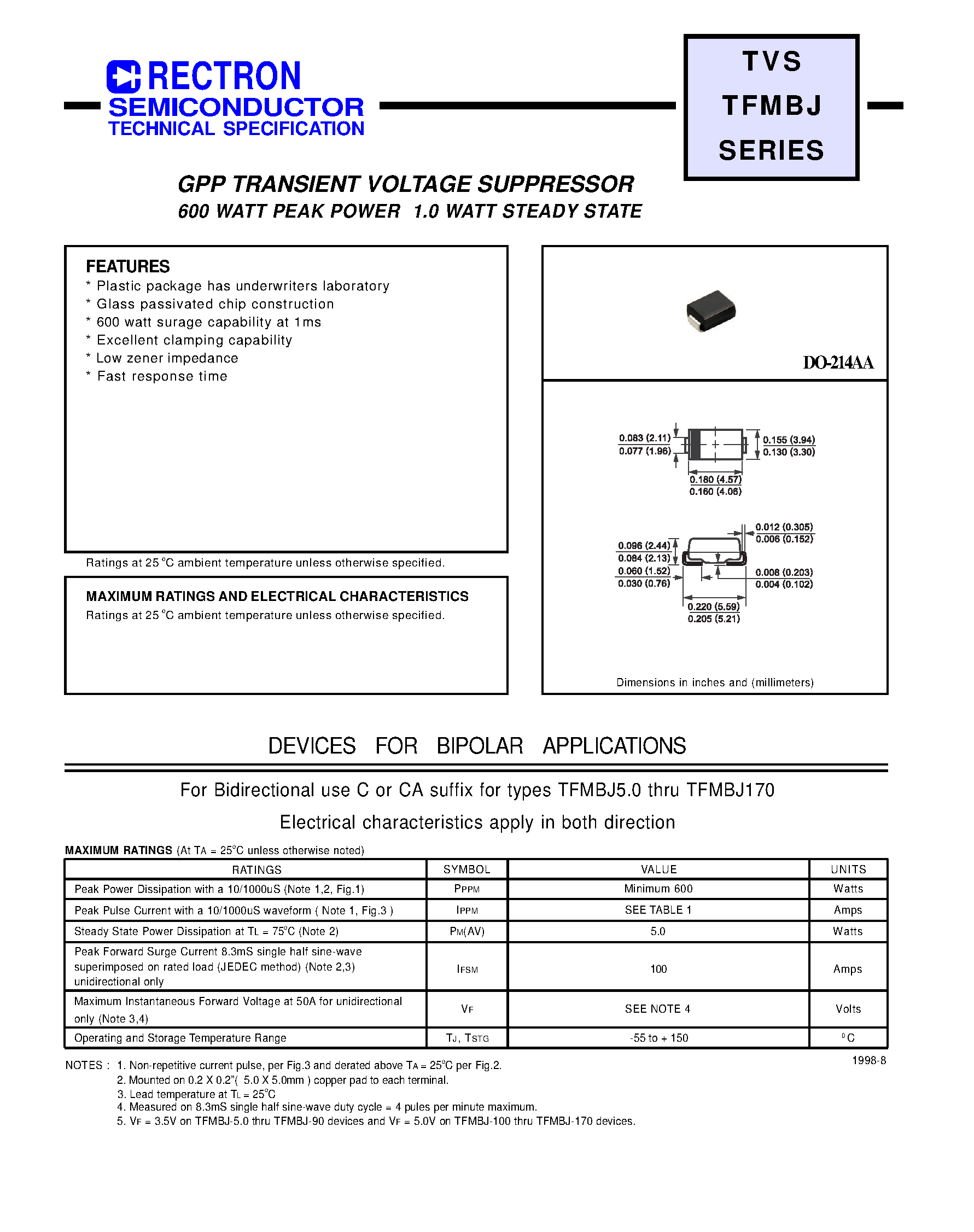 Datasheet TFMBJ130 - GPP TRANSIENT VOLTAGE SUPPRESSOR (600 WATT PEAK POWER 1.0 WATT STEADY STATE) page 1