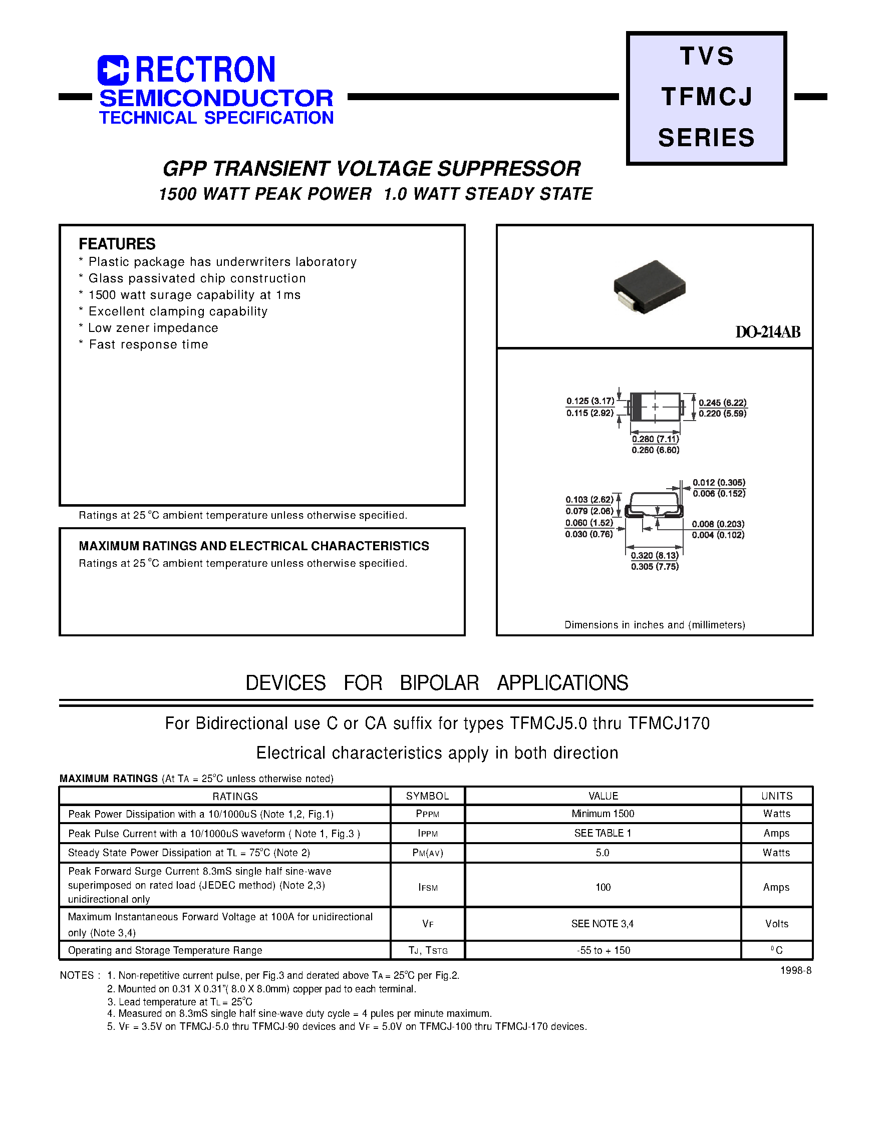 Datasheet TFMCJ54 - GPP TRANSIENT VOLTAGE SUPPRESSOR (1500 WATT PEAK POWER 1.0 WATT STEADY STATE) page 1