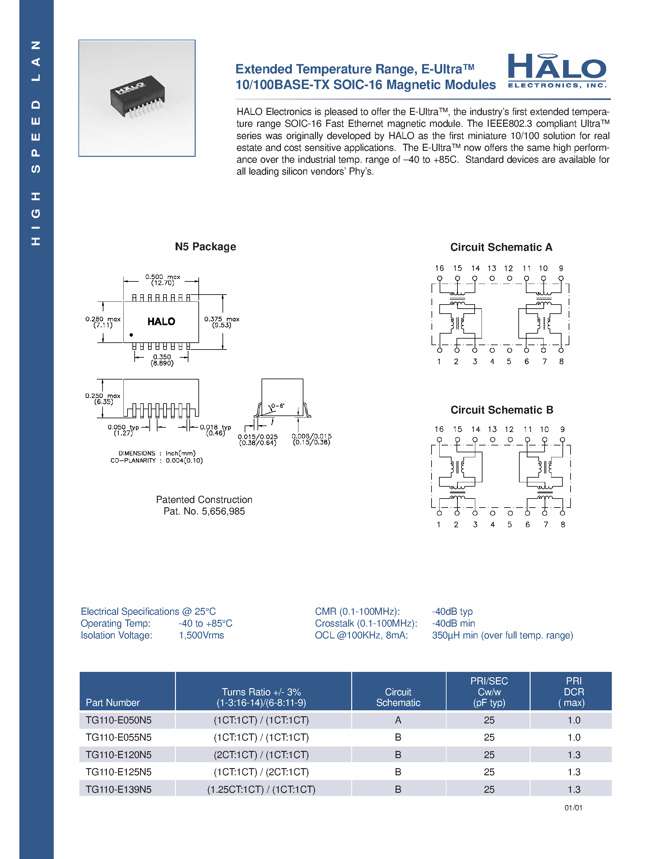 Datasheet TG110-E055N5 - Extended Temperature Range/ E-Ultra 10/100BASE-TX SOIC-16 Magnetic Modules page 1