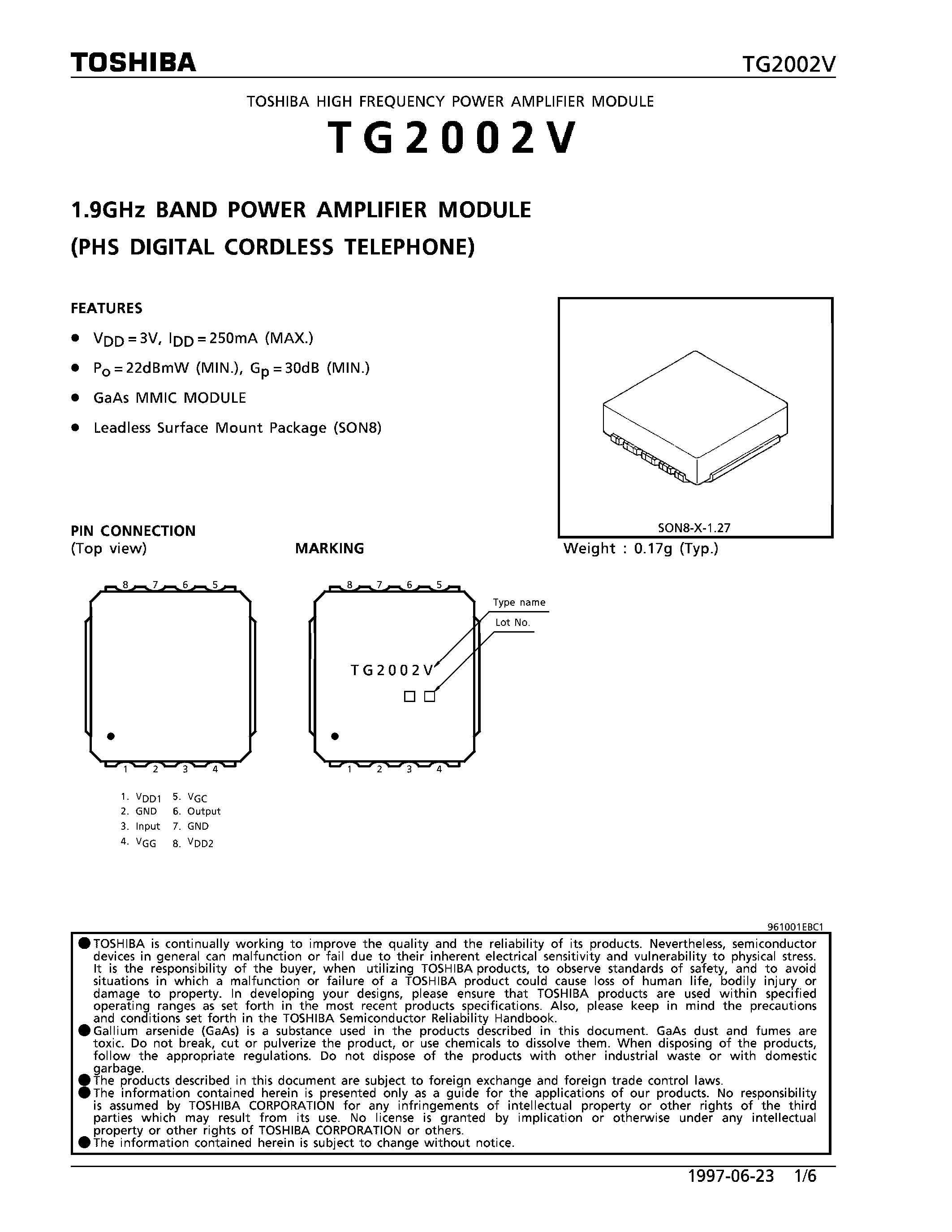 Datasheet TG2002V page 1 Datasheet TG2002V - 1.9GHz BAND POWER AMPLIFIER MODULE (PHS DIGITAL CORDLESS TELEPHONE) page 1