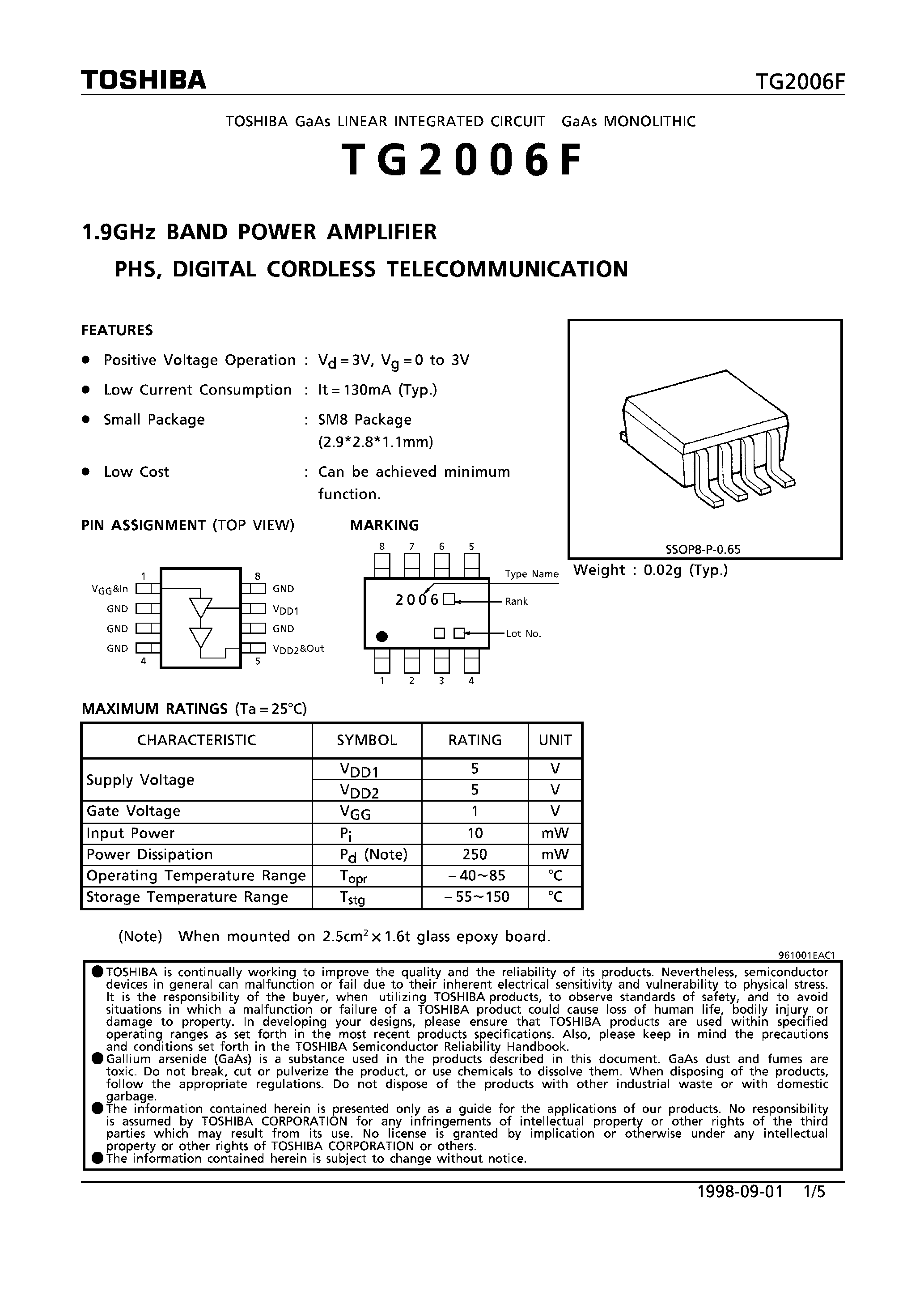 Datasheet TG2006F page 1 Datasheet TG2006F - 1.9GHz BAND POWER AMPLIFIER PHS/ DIGITAL CORDLESS TELECOMMUNICATION page 1
