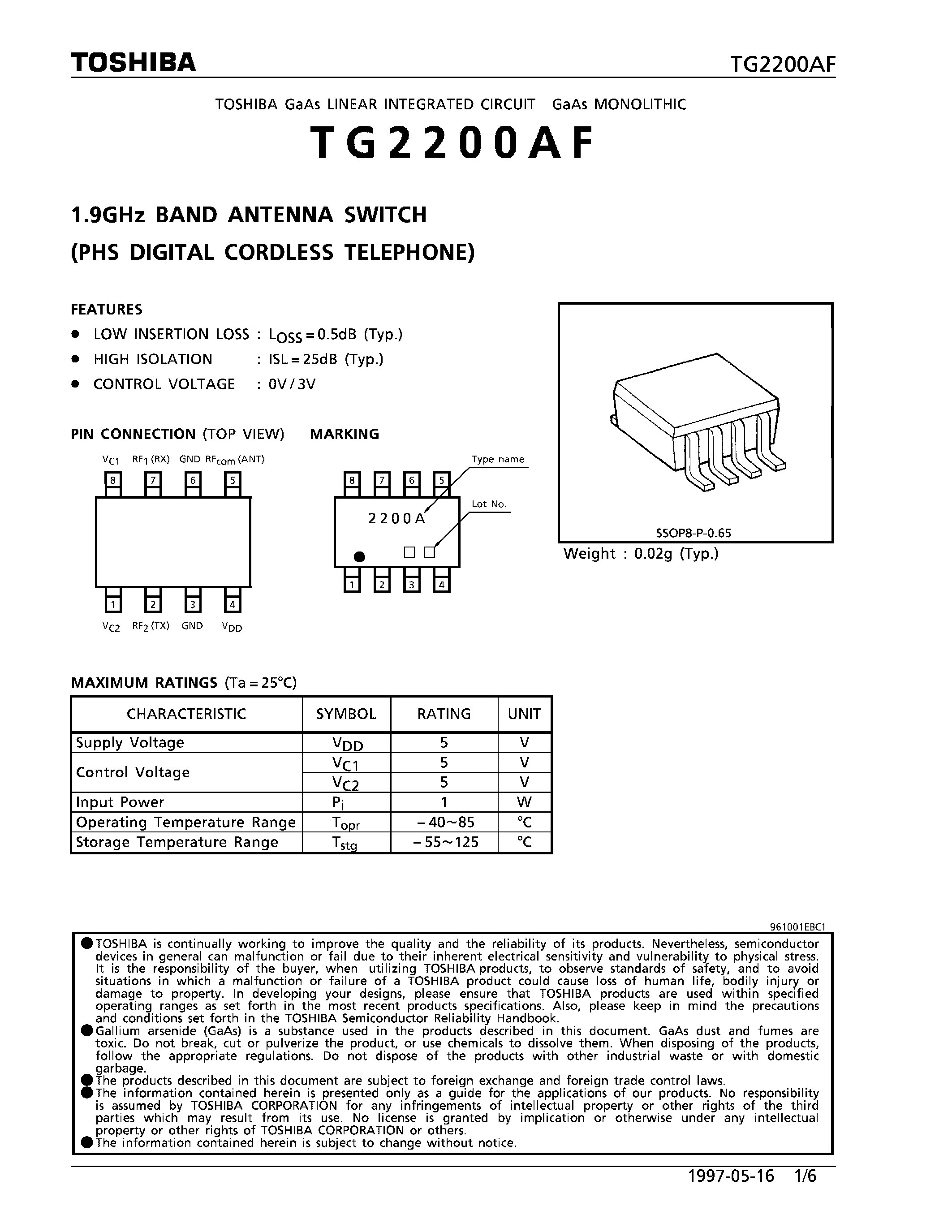 Datasheet TG2200AF page 1 Datasheet TG2200AF - 1.9GHz BAND ANTENNA SWITCH (PHS DIGITAL CORDLESS TELEPHONE) page 1