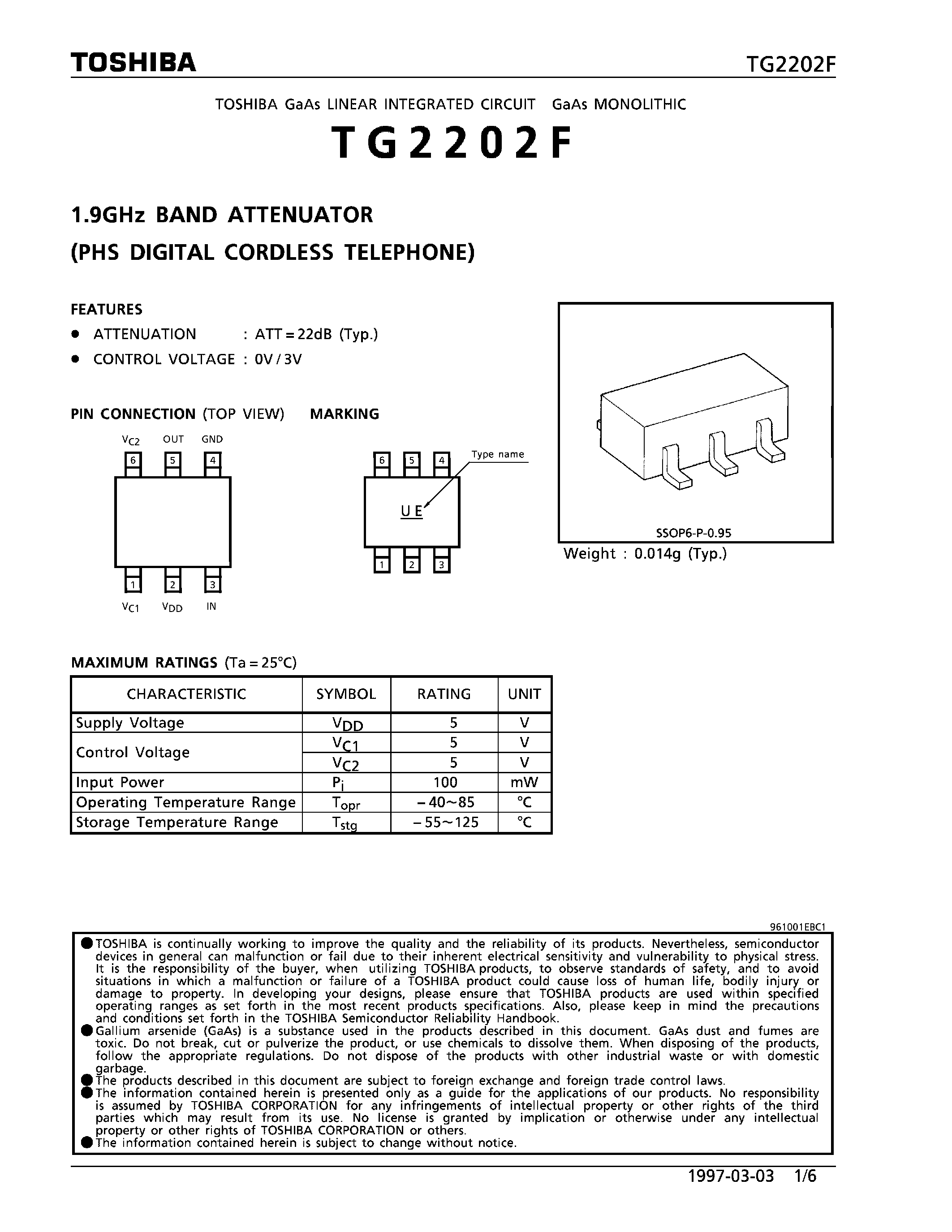 Datasheet TG2202F page 1 Datasheet TG2202F - 1.9GHz BAND ATTENUATOR (PHS DIGITAL CORDLESS TELEPHONE) page 1