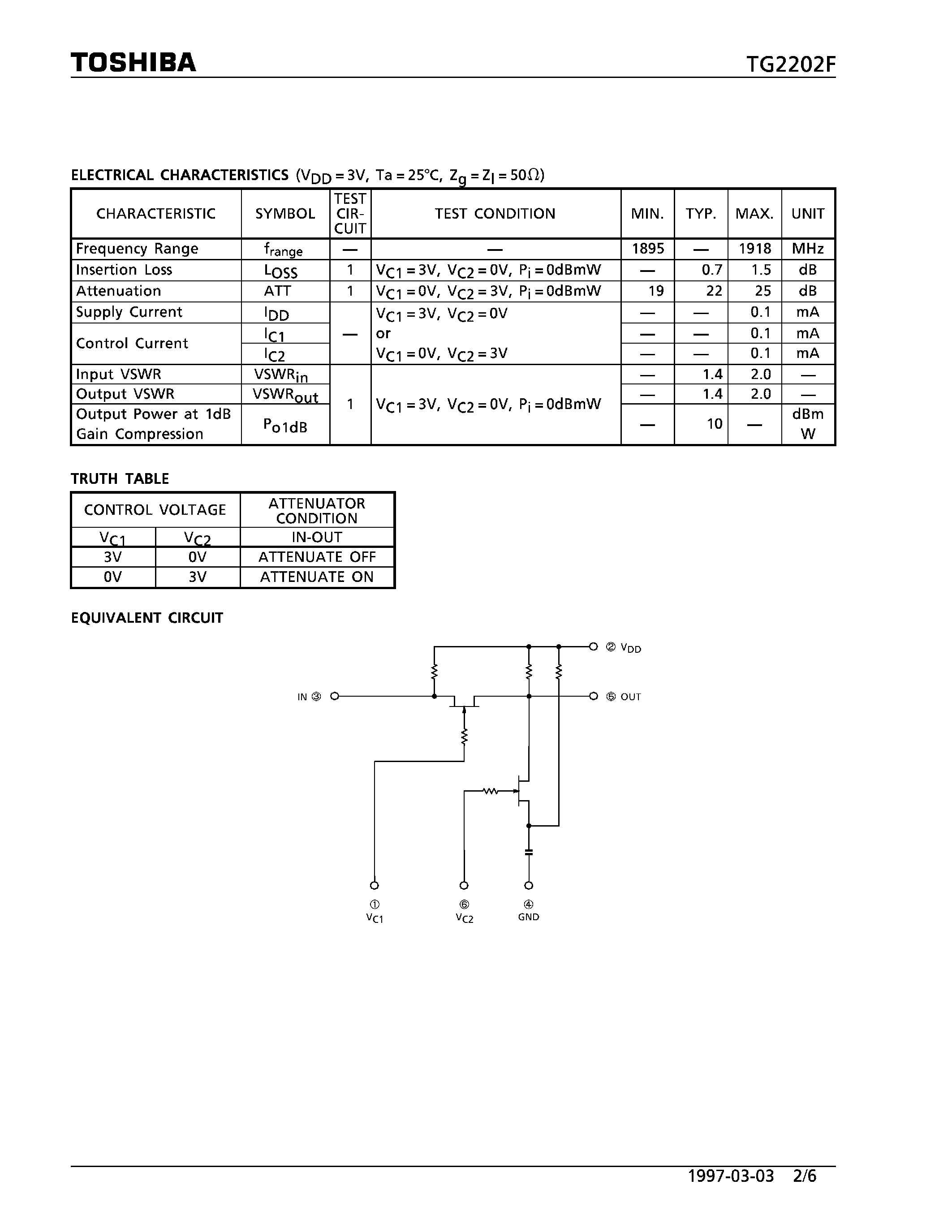 Datasheet TG2202F page 2 Datasheet TG2202F - 1.9GHz BAND ATTENUATOR (PHS DIGITAL CORDLESS TELEPHONE) page 2