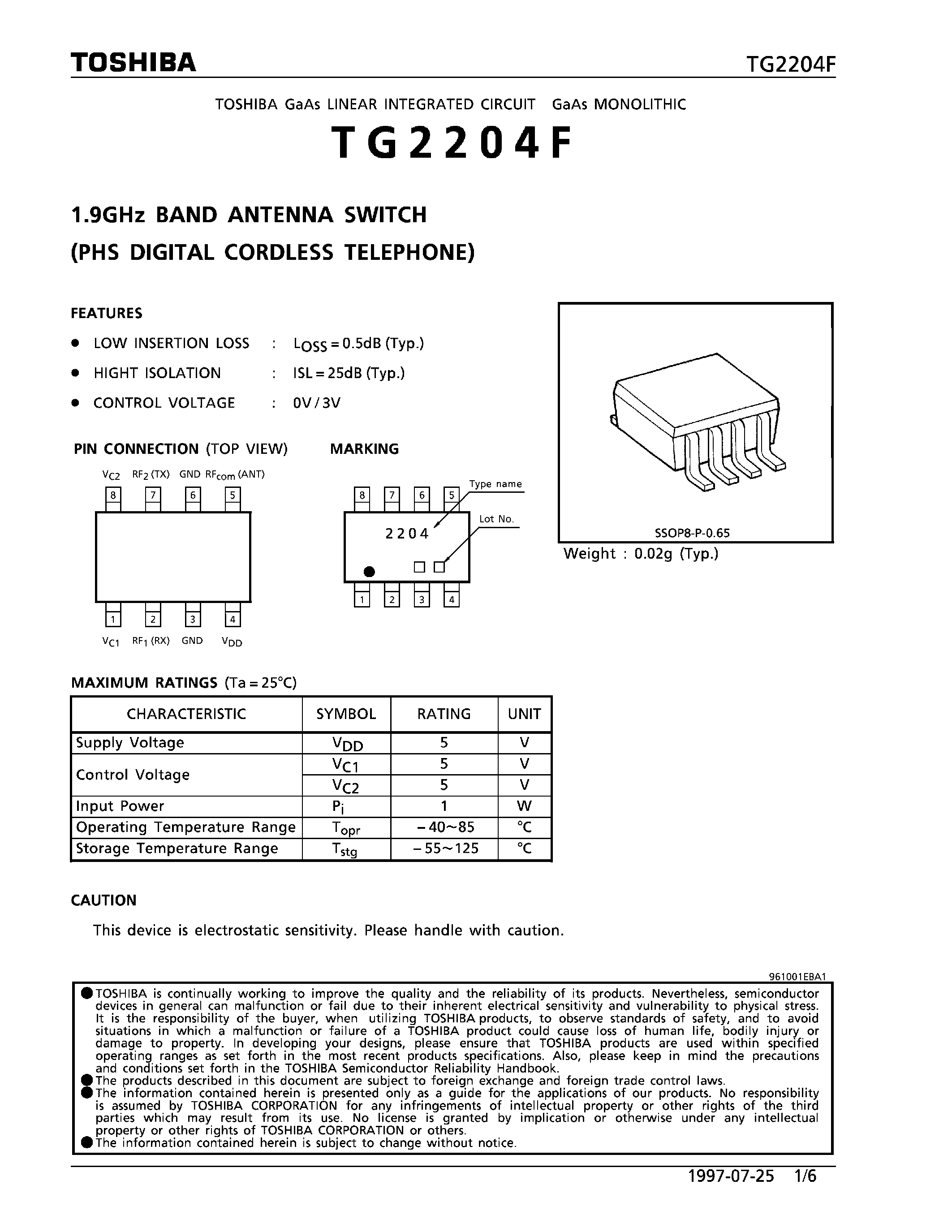 Datasheet TG2204F page 1 Datasheet TG2204F - 1.9GHz BAND ANTENNA SWITCH (PHS DIGITAL CORDLESS TELEPHONE) page 1