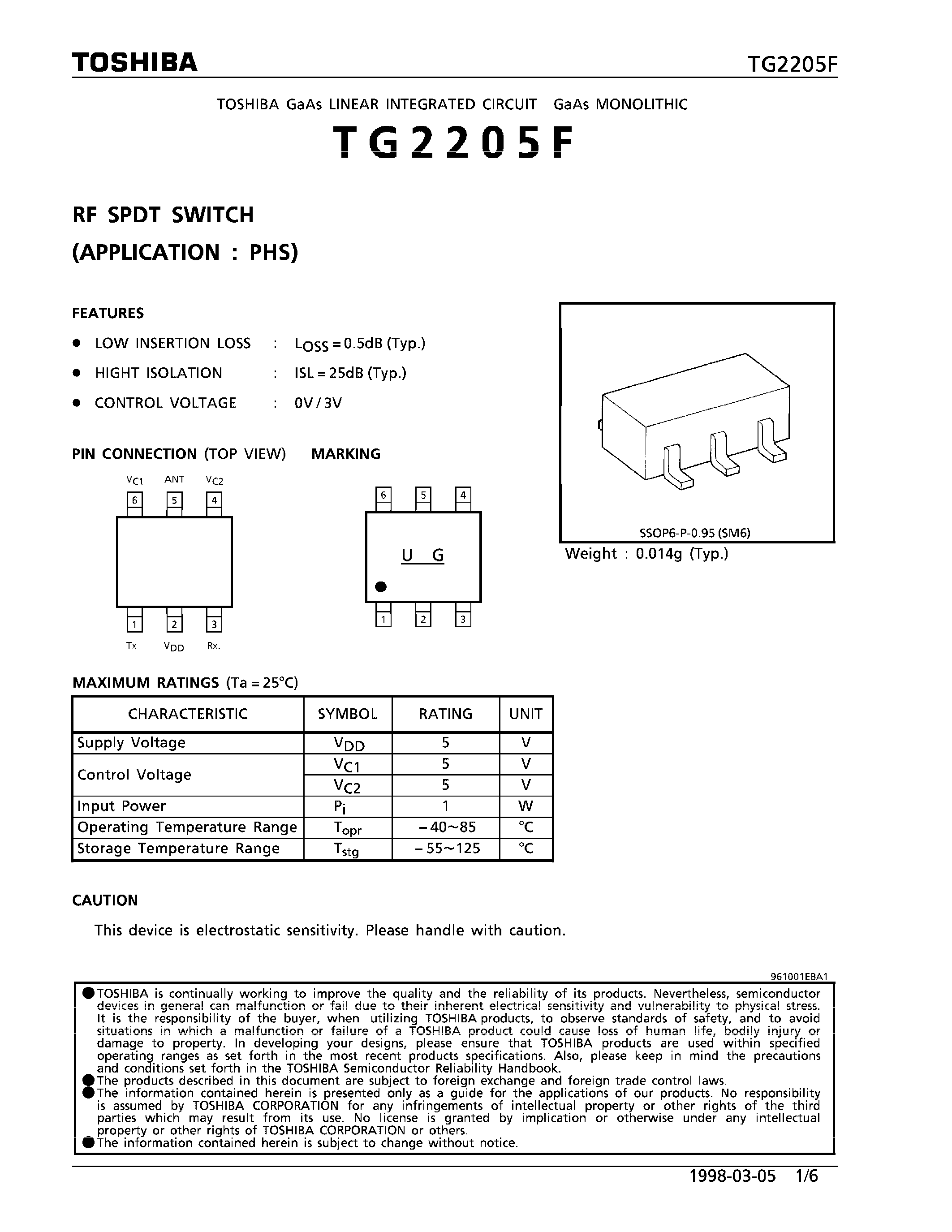 Datasheet TG2205F page 1 Datasheet TG2205F - RF SPDT SWITCH (APPLICATION : PHS) page 1