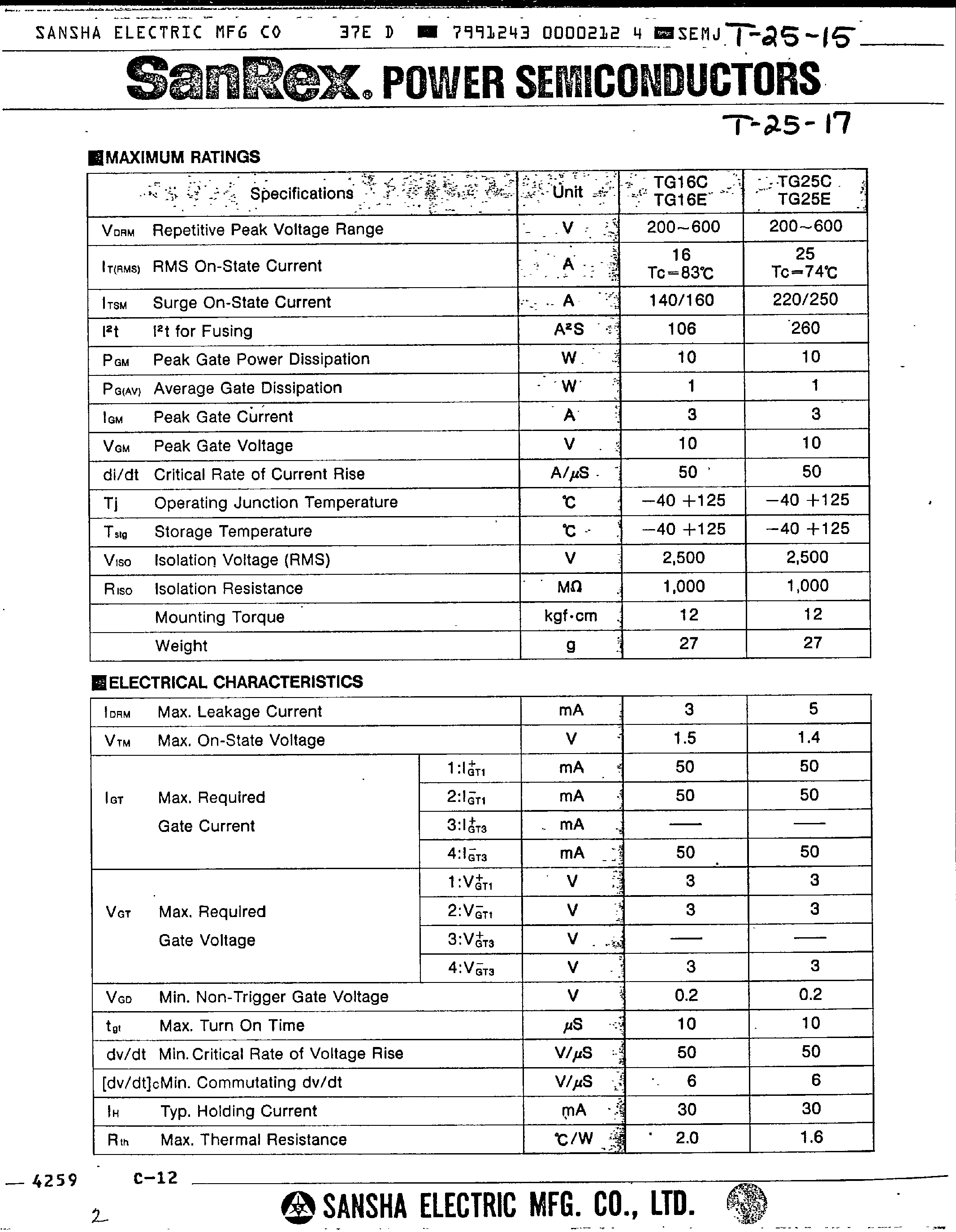 Datasheet TG25C30 page 2 Datasheet TG25C30 - ISOLATED TRIAC MOLD TYPE page 2