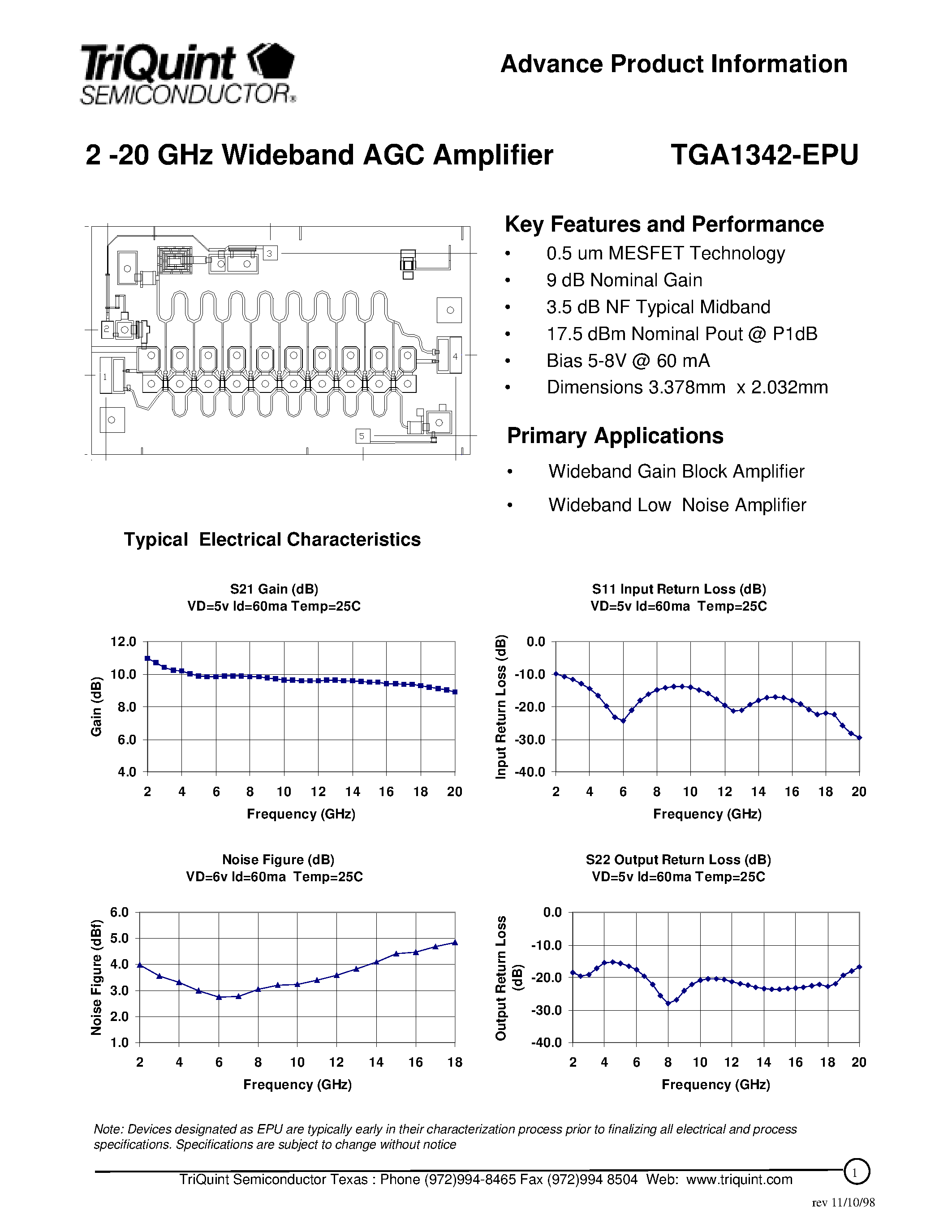 Datasheet TGA1342-EPU page 1 Datasheet TGA1342-EPU - 2 -20 GHz Wideband AGC Amplifier page 1