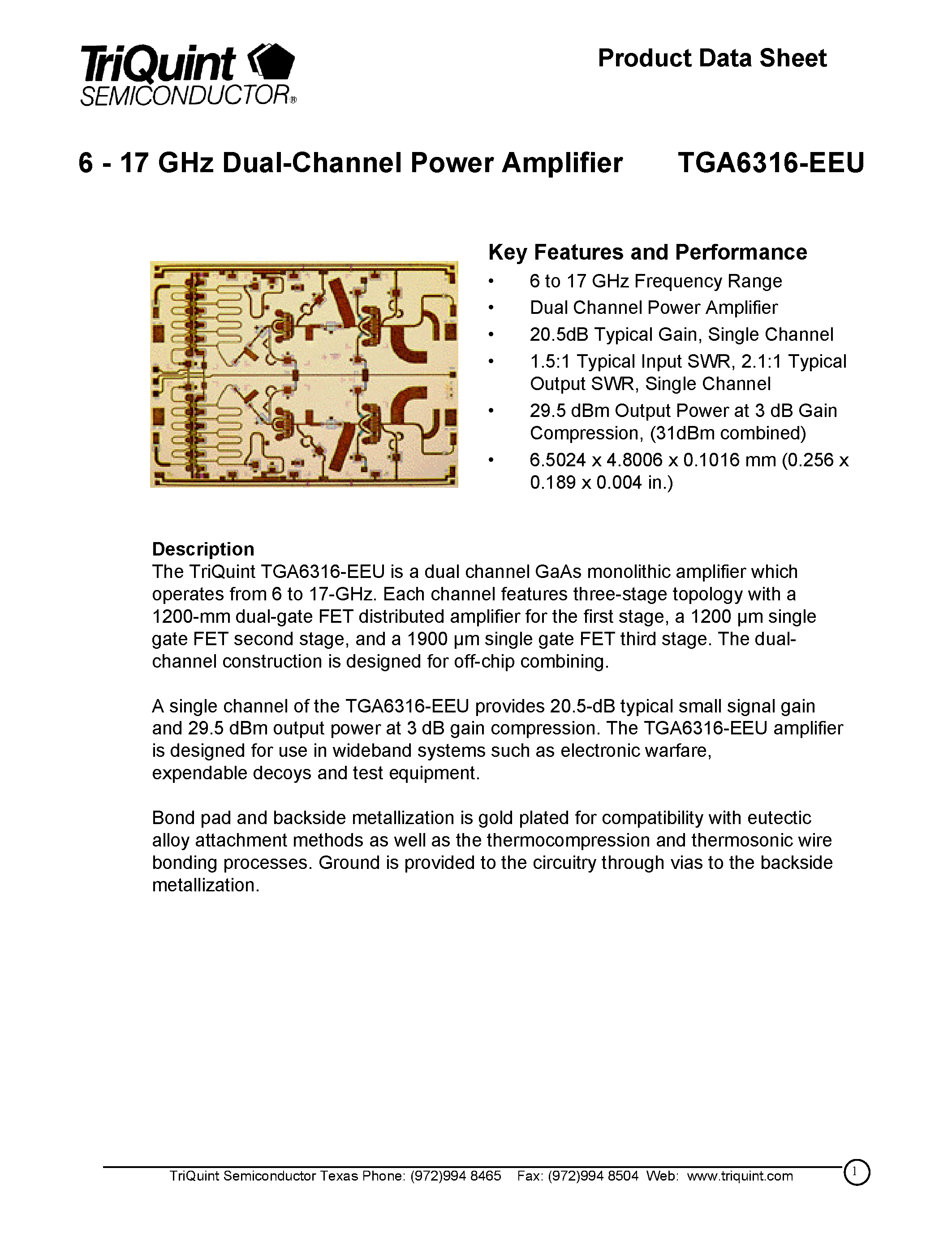Datasheet TGA6316-EEU - 6 - 17 GHz Dual-Channel Power Amplifier page 1
