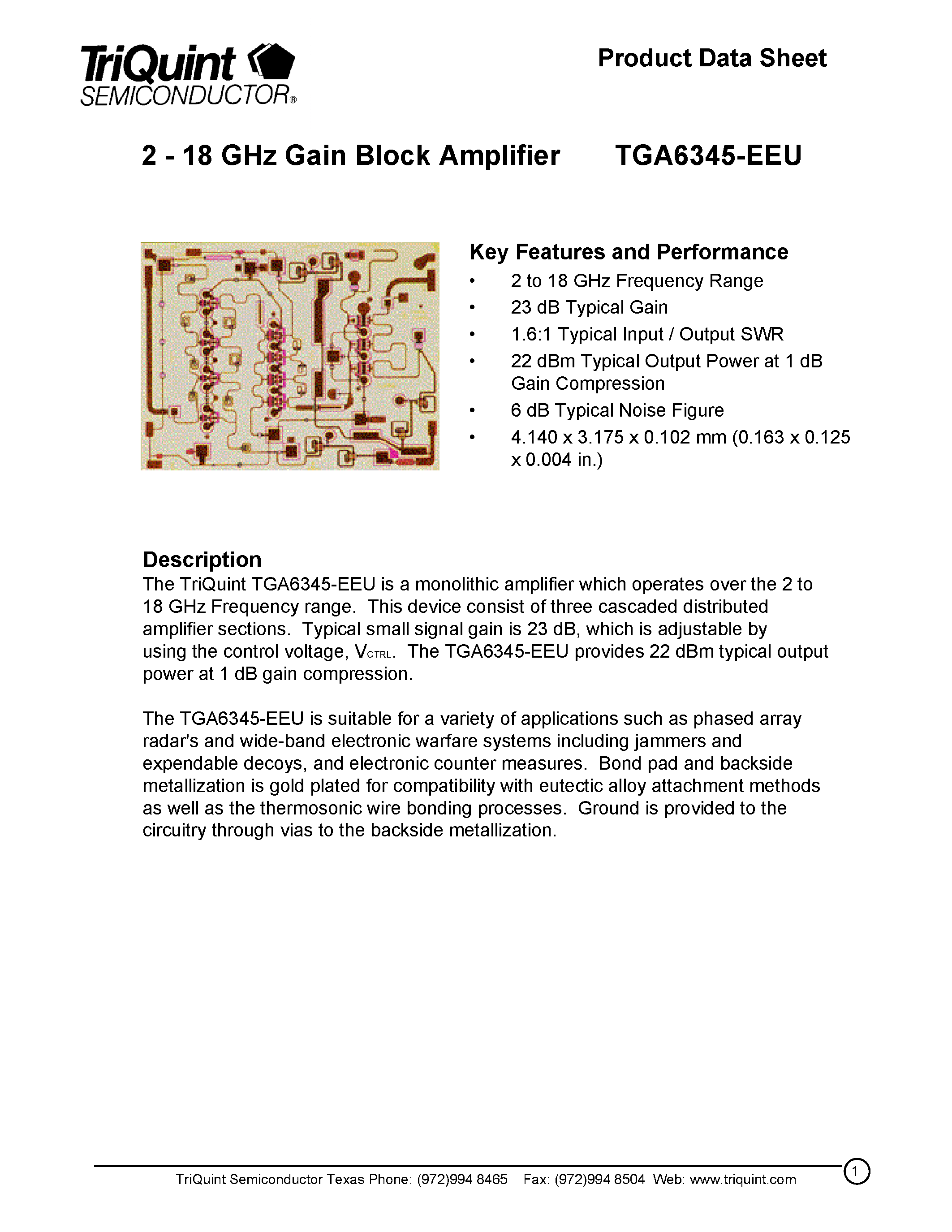 Datasheet TGA6345-EEU - 2 - 18 GHz Gain Block Amplifier page 1