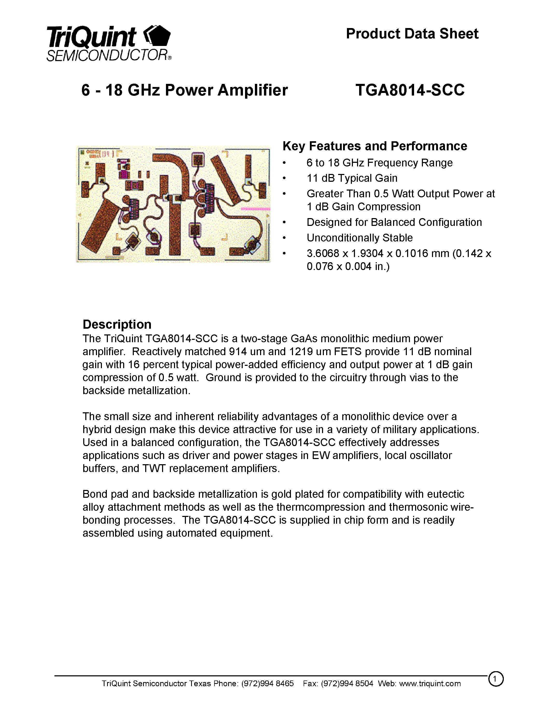 Даташит на микросхему TGA8014 страница 1 Даташит TGA8014 - 6 - 18 GHz Power Amplifier страница 1