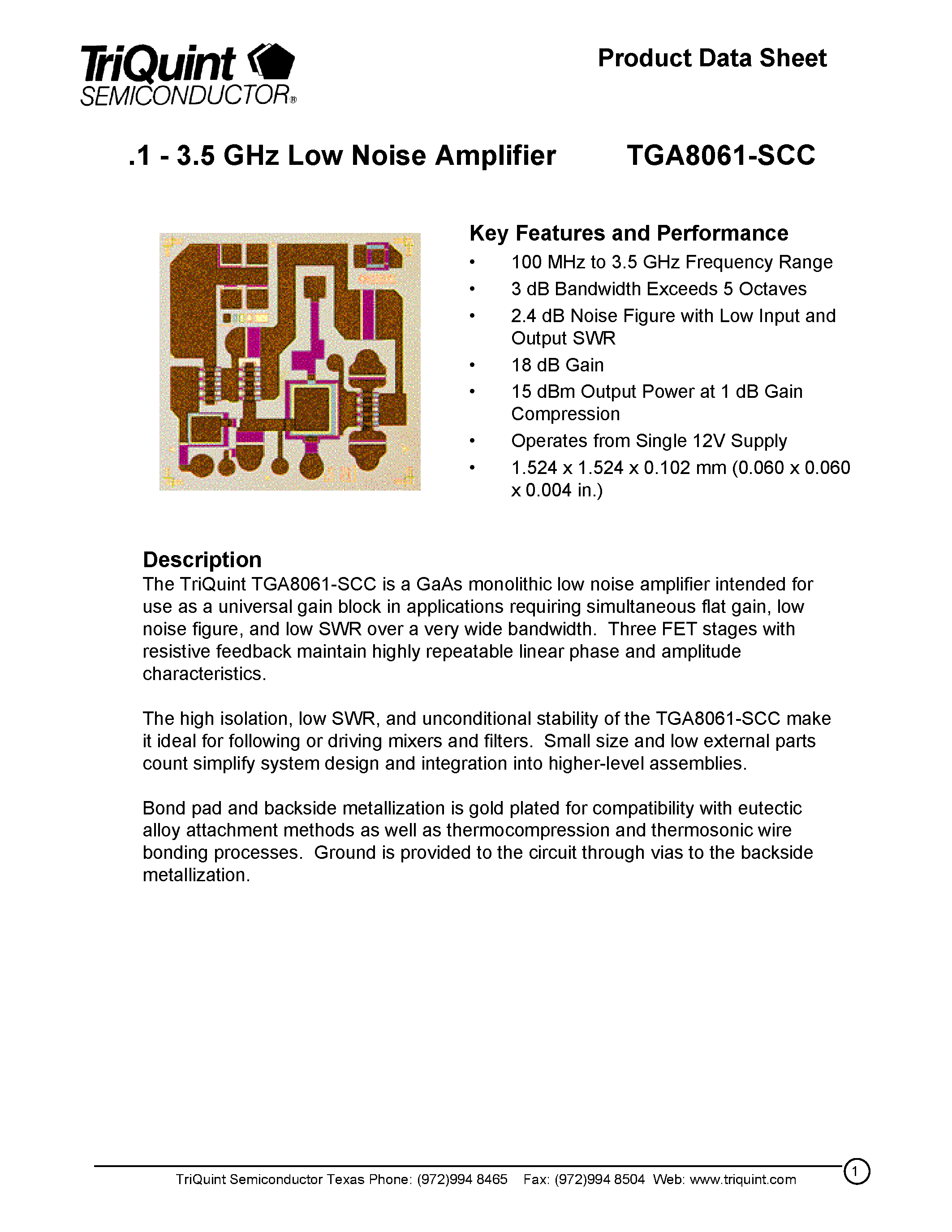 Datasheet TGA8061 - .1 - 3.5 GHz Low Noise Amplifier page 1