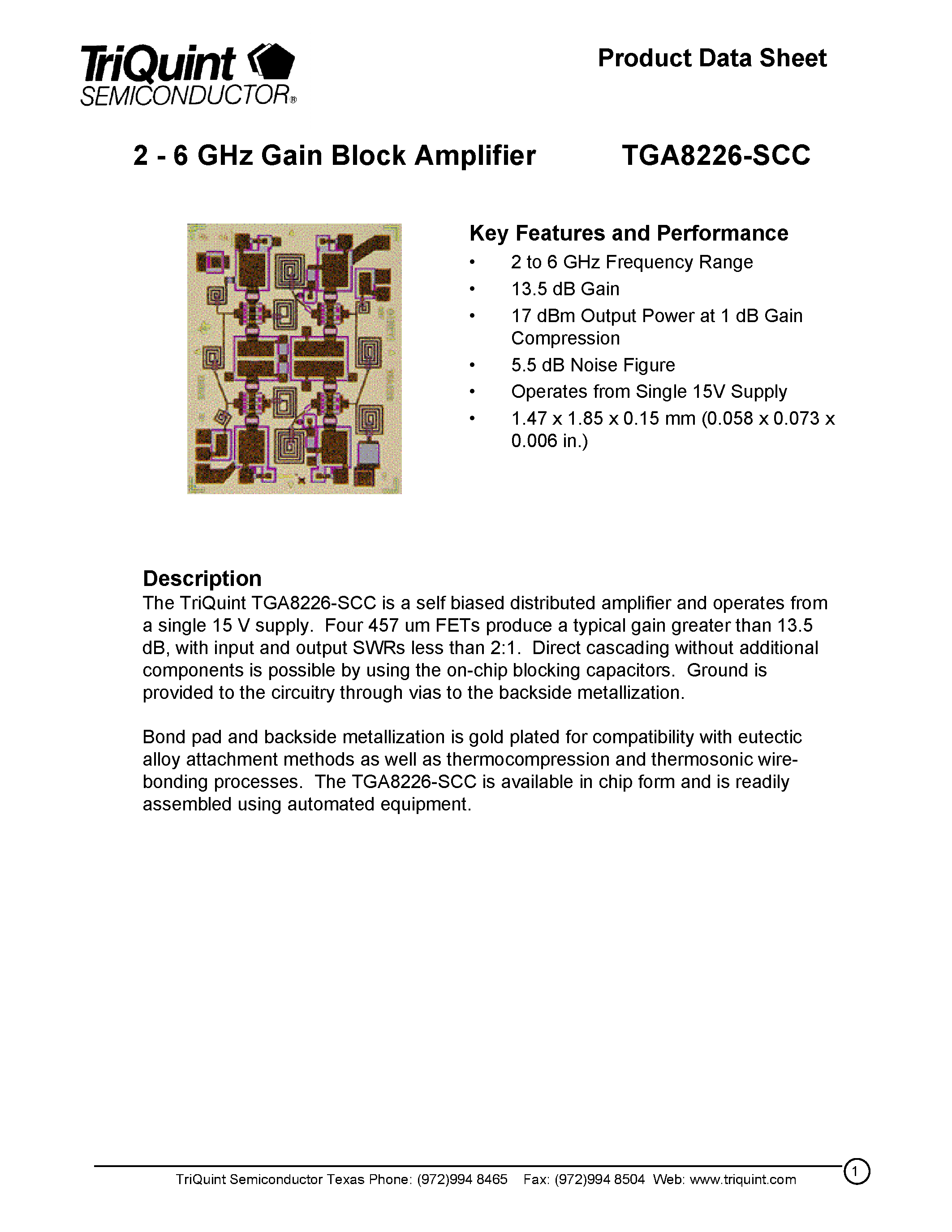 Datasheet TGA8226-SCC - 2 - 6 GHz Gain Block Amplifier page 1