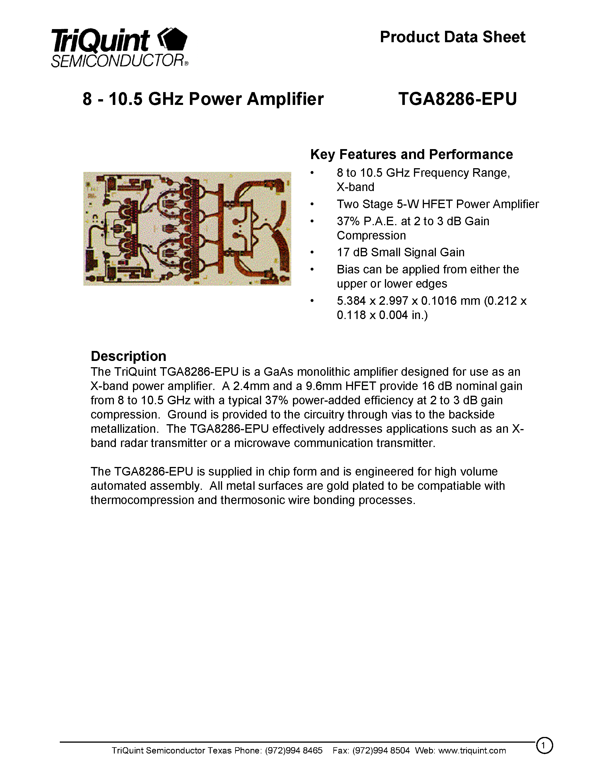 Даташит TGA8286-EPU - 8 - 10.5 GHz Power Amplifier страница 1