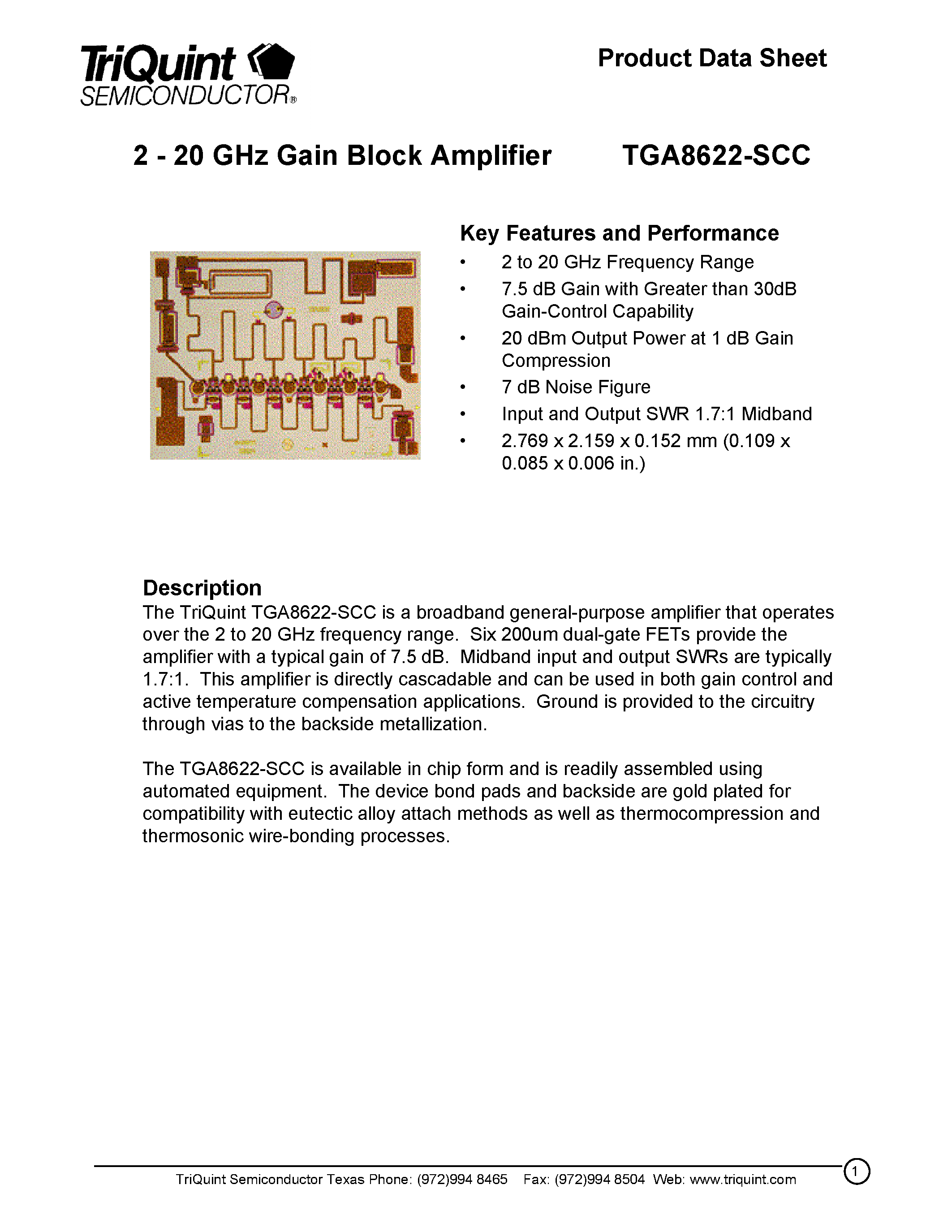 Datasheet TGA8622 - 2 - 20 GHz Gain Block Amplifier page 1