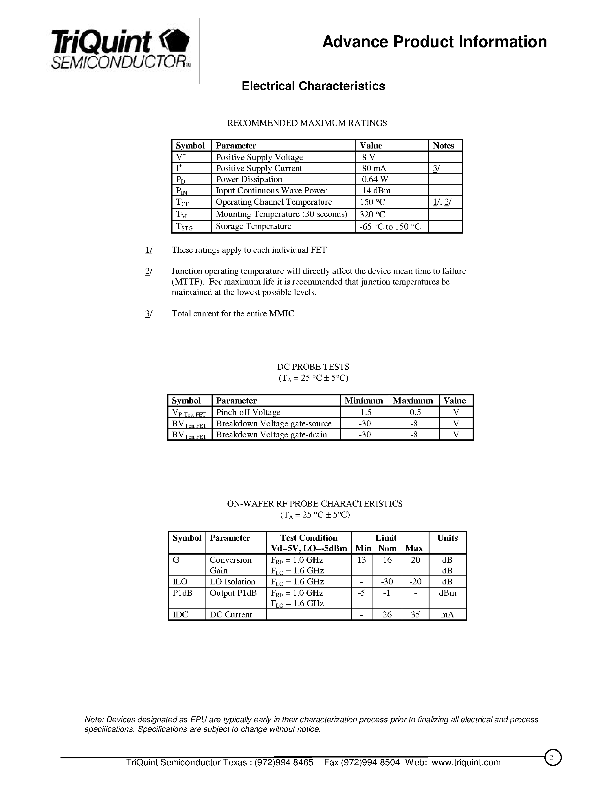 Datasheet TGC1411 - 0.3 - 10 GHz Downconverter page 2