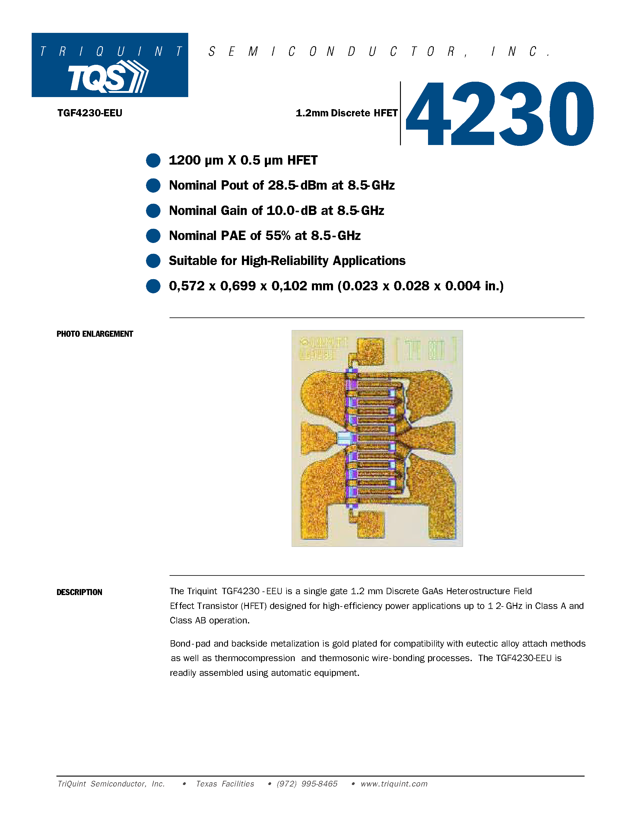 Datasheet TGF4230 page 1 Datasheet TGF4230 - 1.2mm Discrete HFET page 1