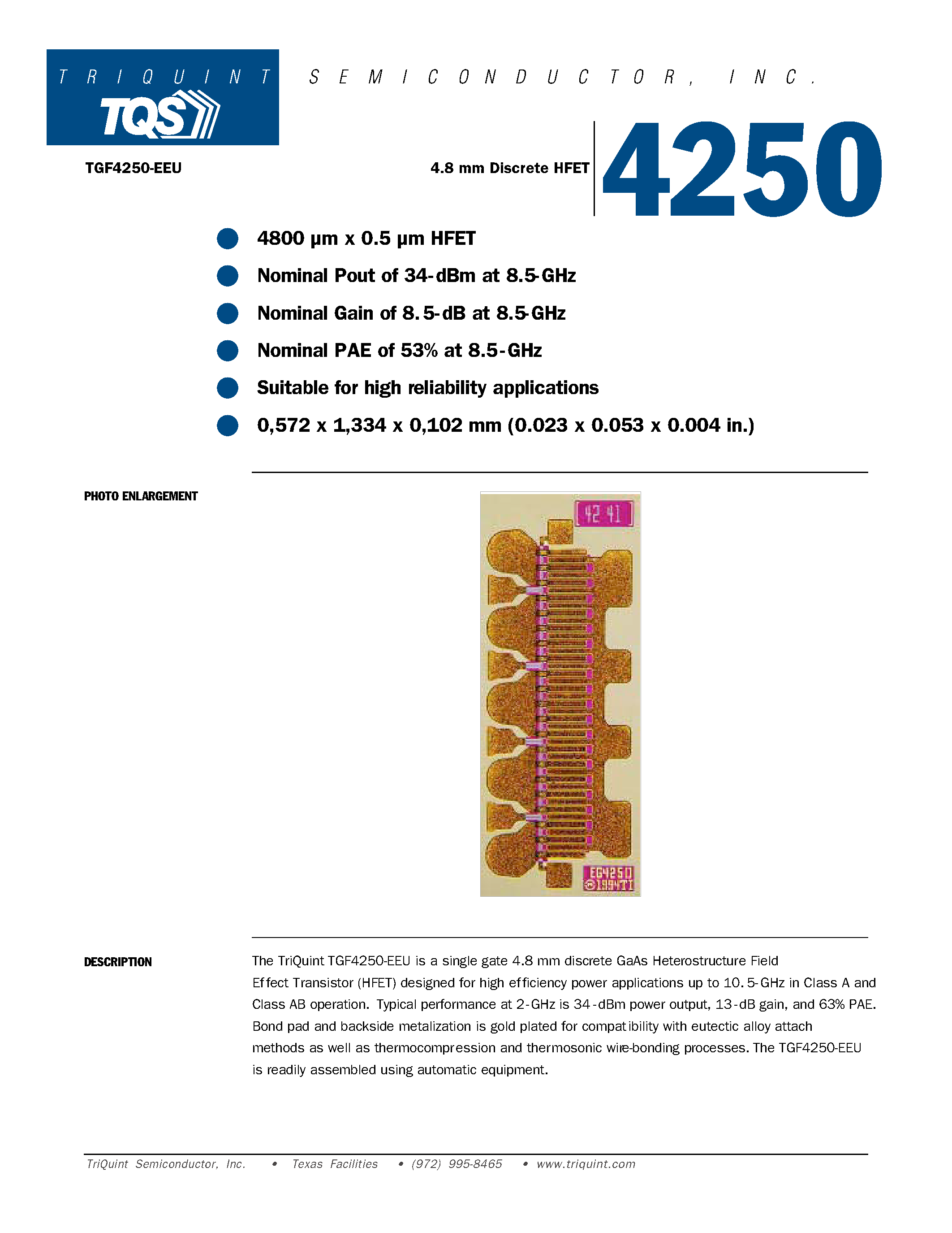Datasheet TGF4250-EEU - 4.8 mm Discrete HFET page 1