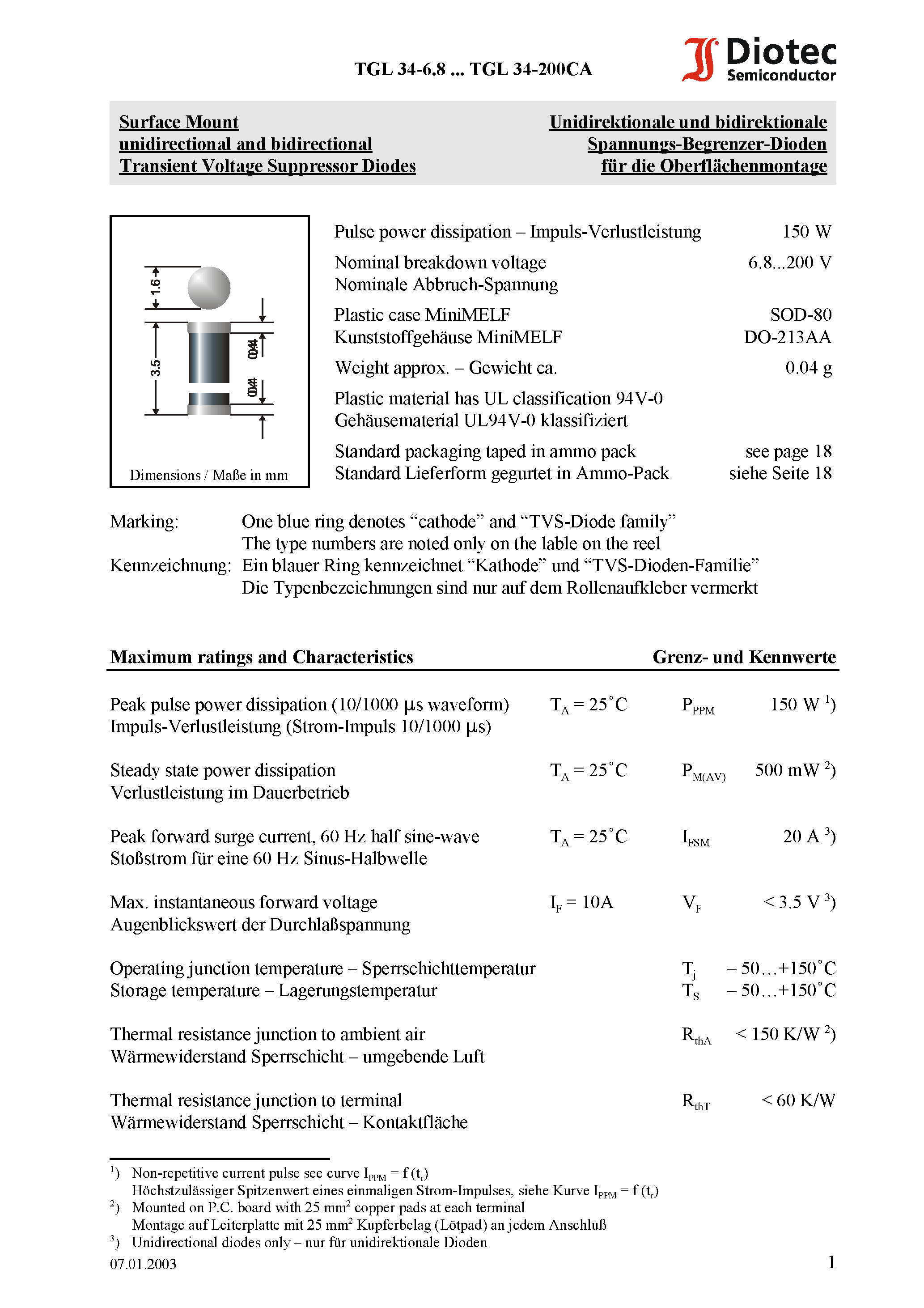 Datasheet TGL34-6.8A page 1 Datasheet TGL34-6.8A - Surface Mount unidirectional and bidirectional Transient Voltage Suppressor Diodes page 1