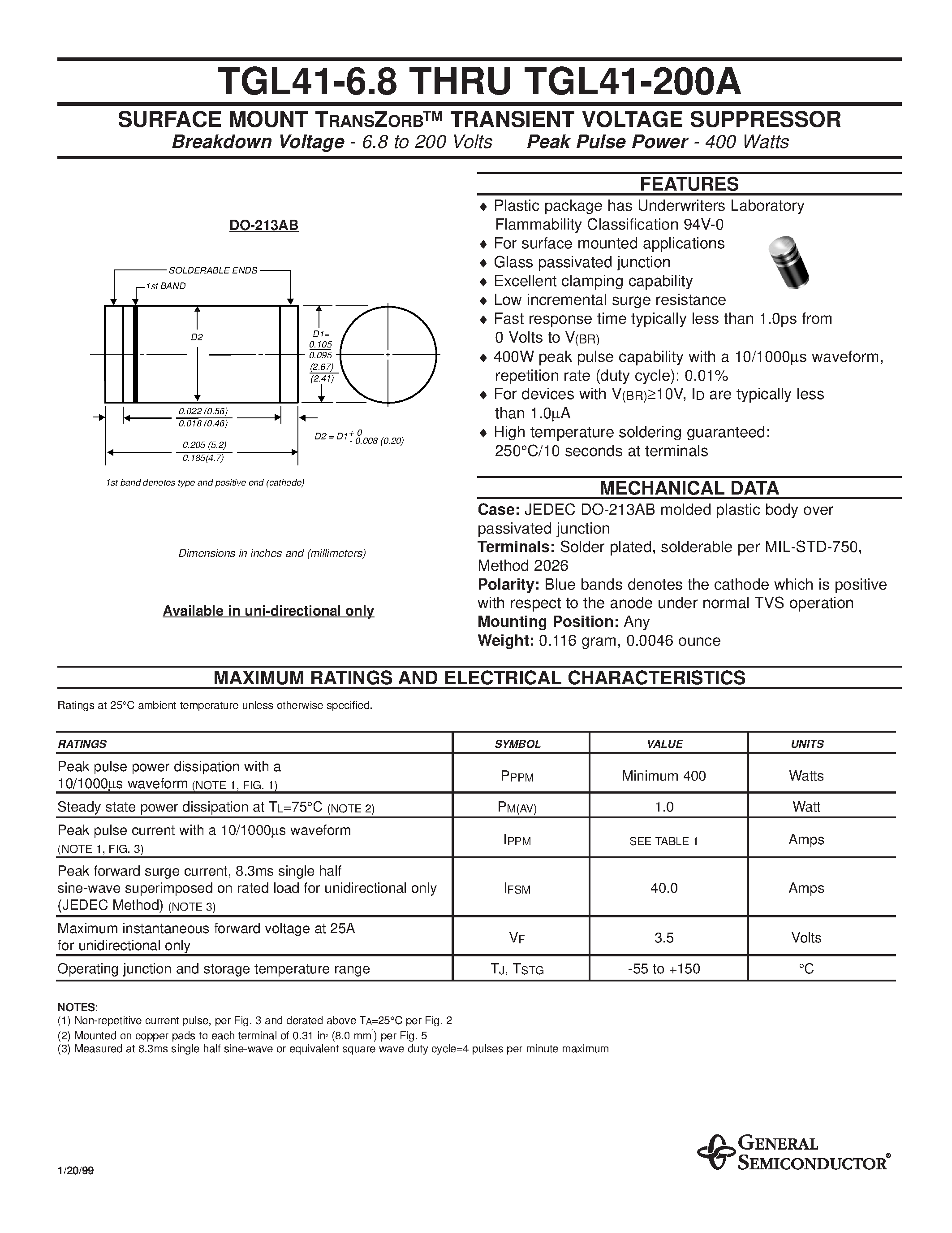 Даташит на микросхему TGL41-6.8 страница 1 Даташит TGL41-6.8 - SURFACE MOUNT TRANSZORB TRANSIENT VOLTAGE SUPPRESSOR страница 1