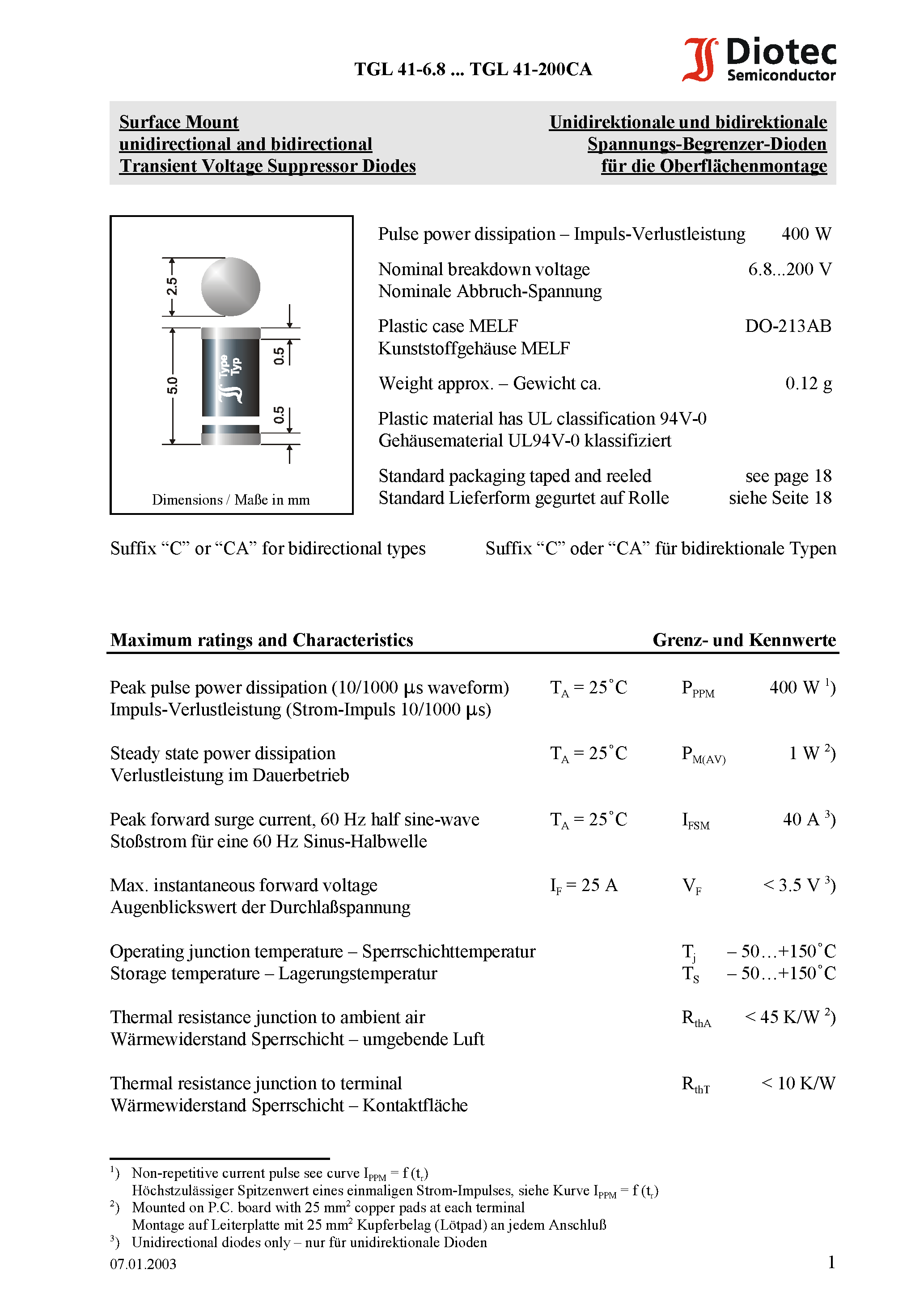 Даташит TGL41-7.5A - Surface Mount unidirectional and bidirectional Transient Voltage Suppressor Diodes страница 1