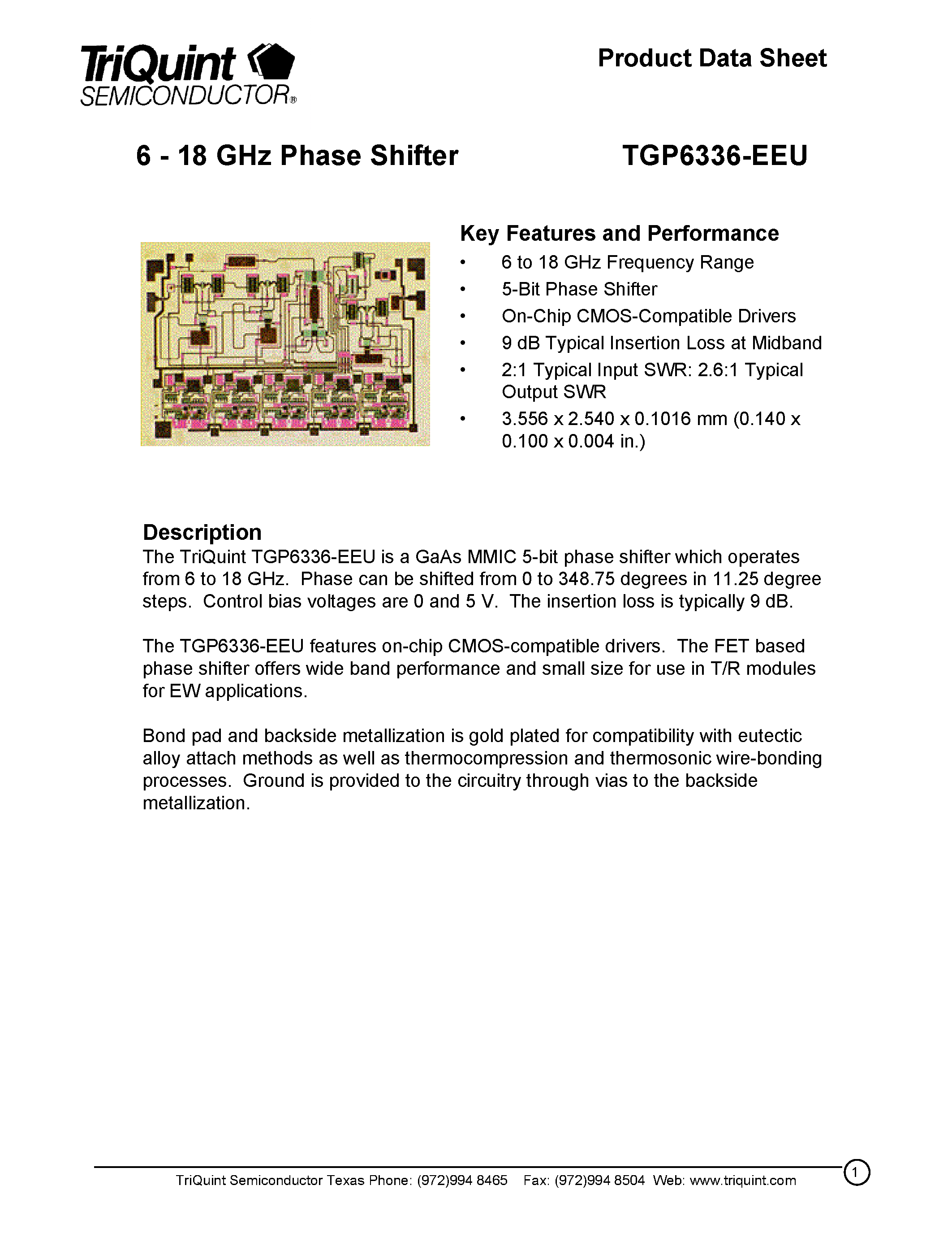 Datasheet TGP6336-EEU - 6 - 18 GHz Phase Shifter page 1