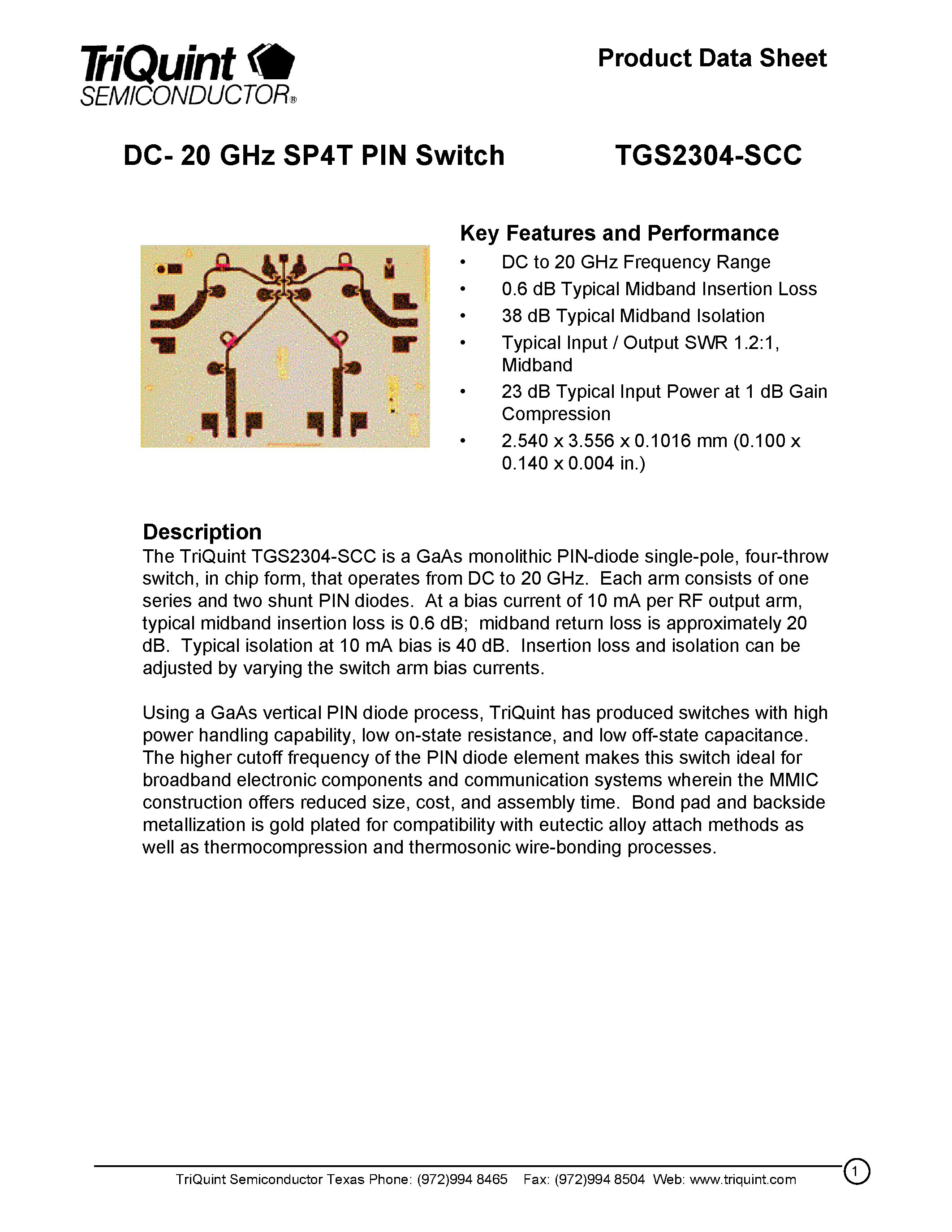 Datasheet TGS2304 page 1 Datasheet TGS2304 - DC- 20 GHz SP4T PIN Switch page 1