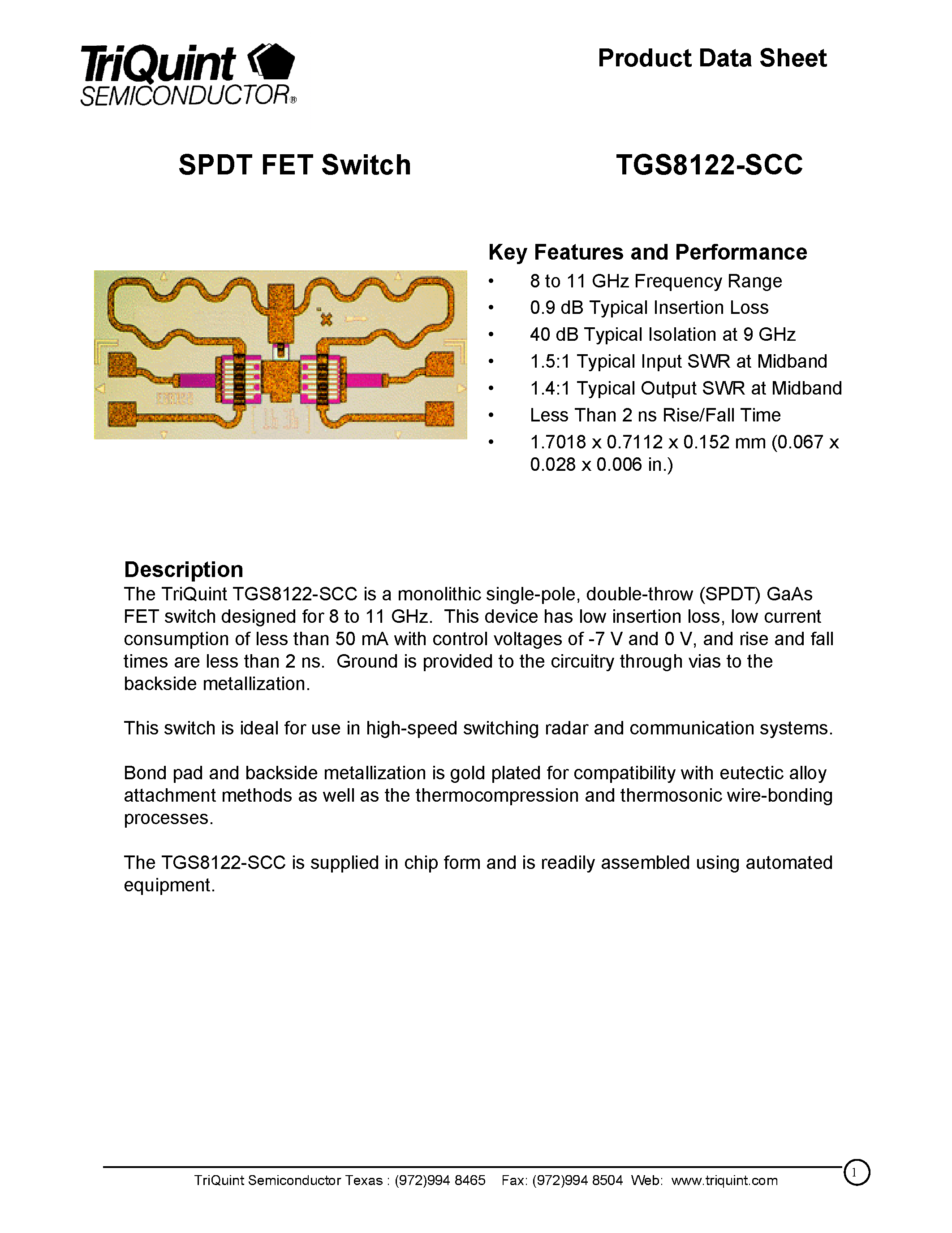 Datasheet TGS8122 page 1 Datasheet TGS8122 - SPDT FET Switch page 1