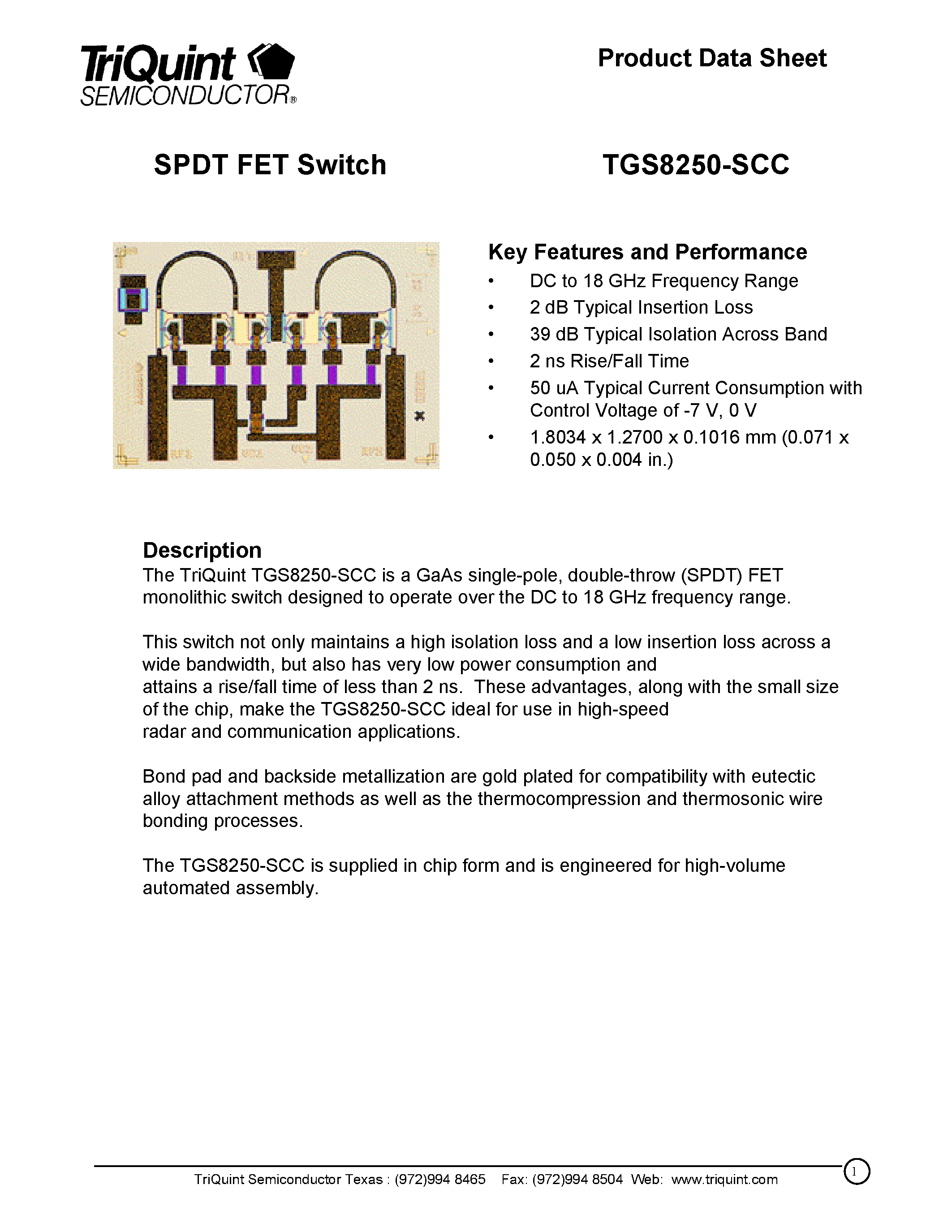 Datasheet TGS8250-SCC - SPDT FET Switch page 1