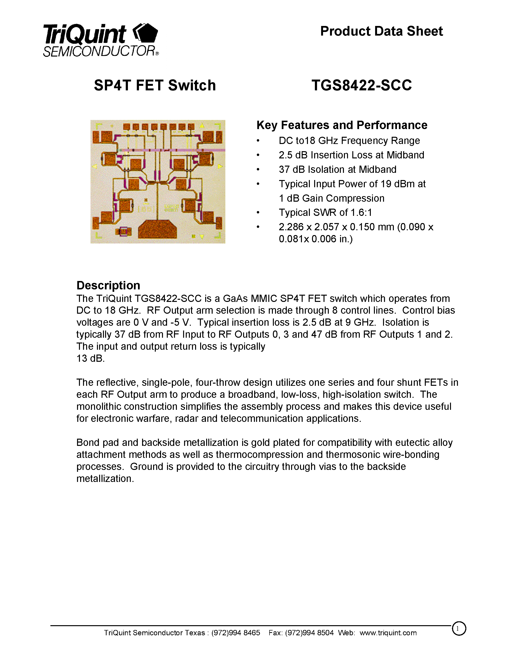 Datasheet TGS8422-SCC - SP4T FET Switch page 1