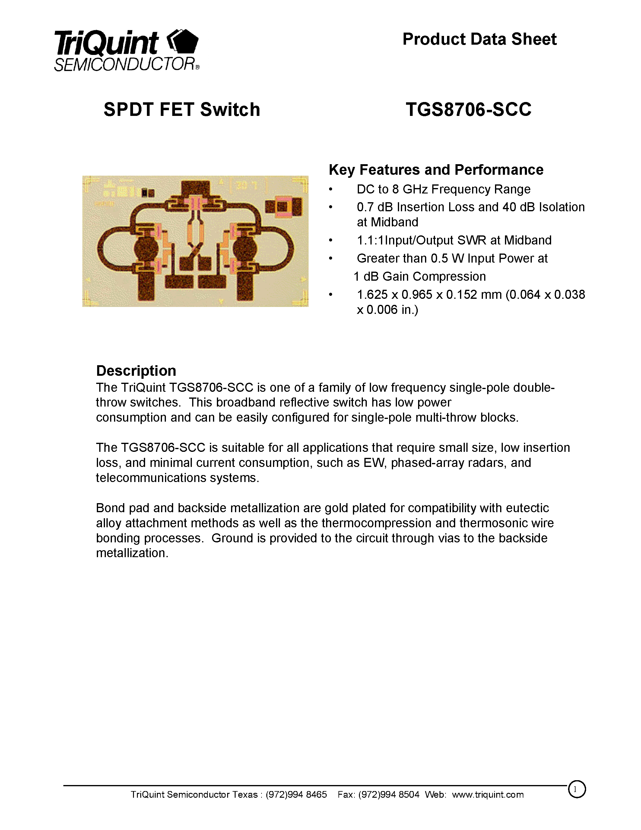 Datasheet TGS8706 page 1 Datasheet TGS8706 - SPDT FET Switch page 1