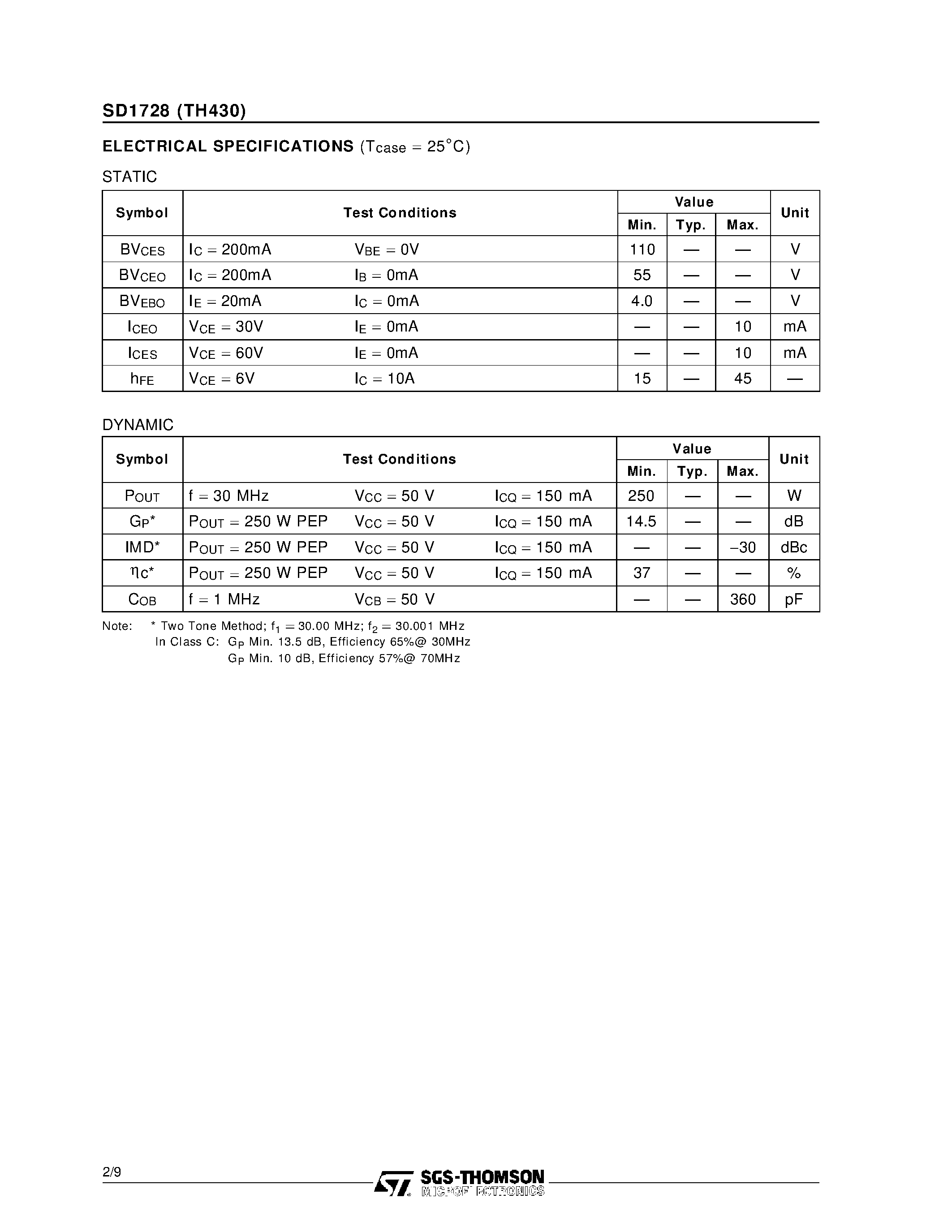 Datasheet TH430 - RF & MICROWAVE TRANSISTORS HF SSB APPLICATIONS page 2