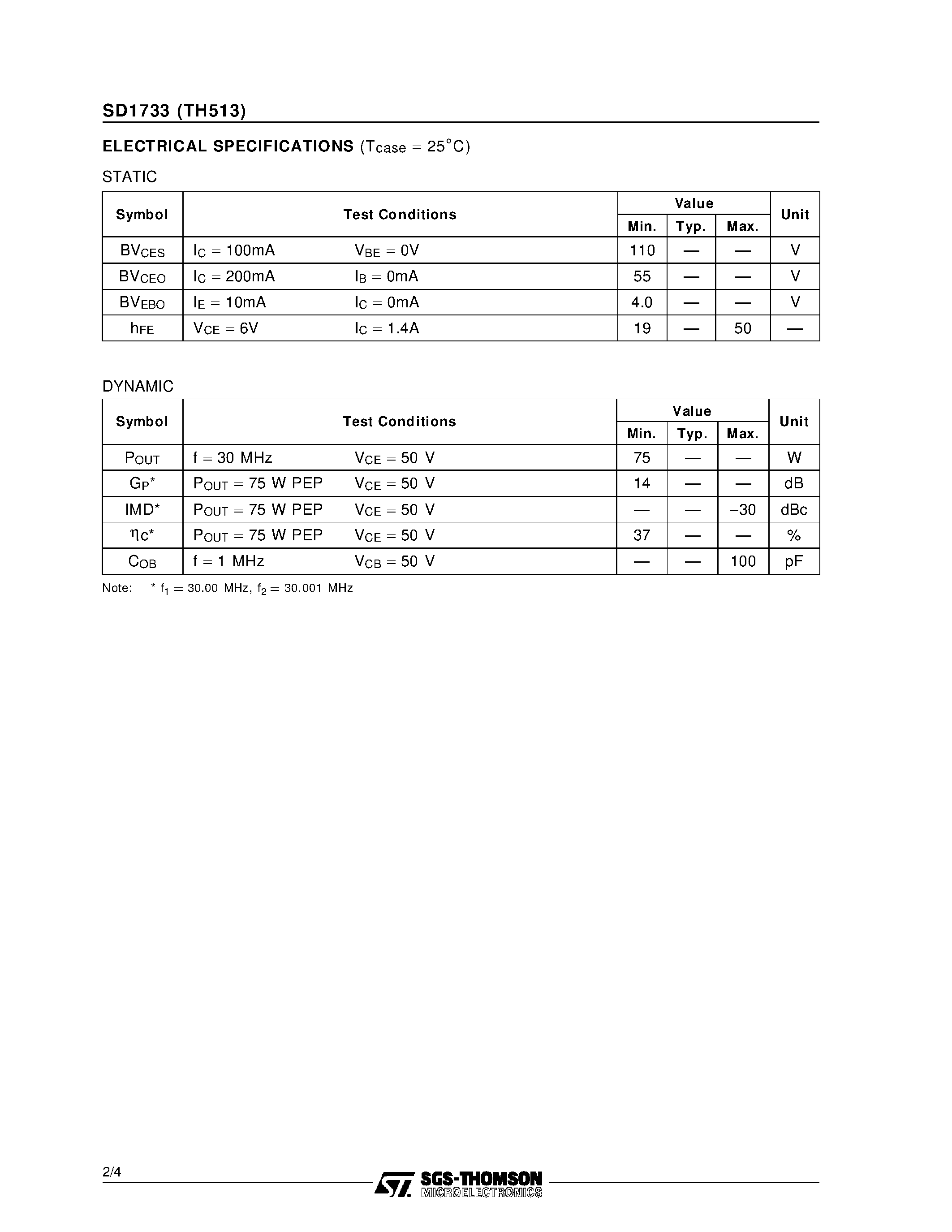 Datasheet TH513 - RF & MICROWAVE TRANSISTORS HF SSB APPLICATIONS page 2