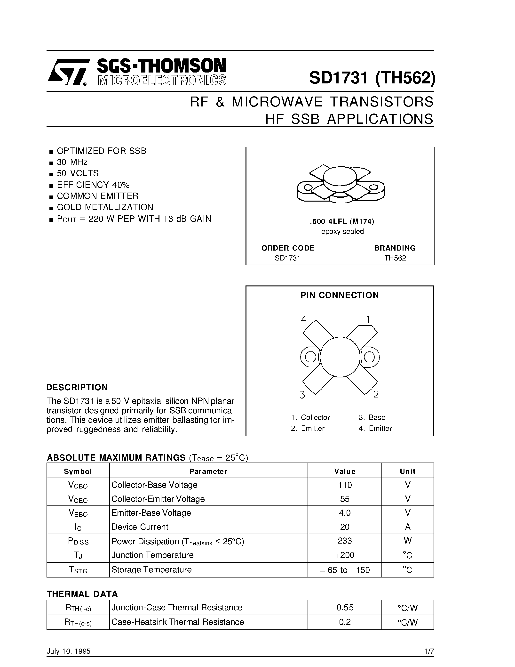 Datasheet TH562 - RF & MICROWAVE TRANSISTORS HF SSB APPLICATIONS page 1