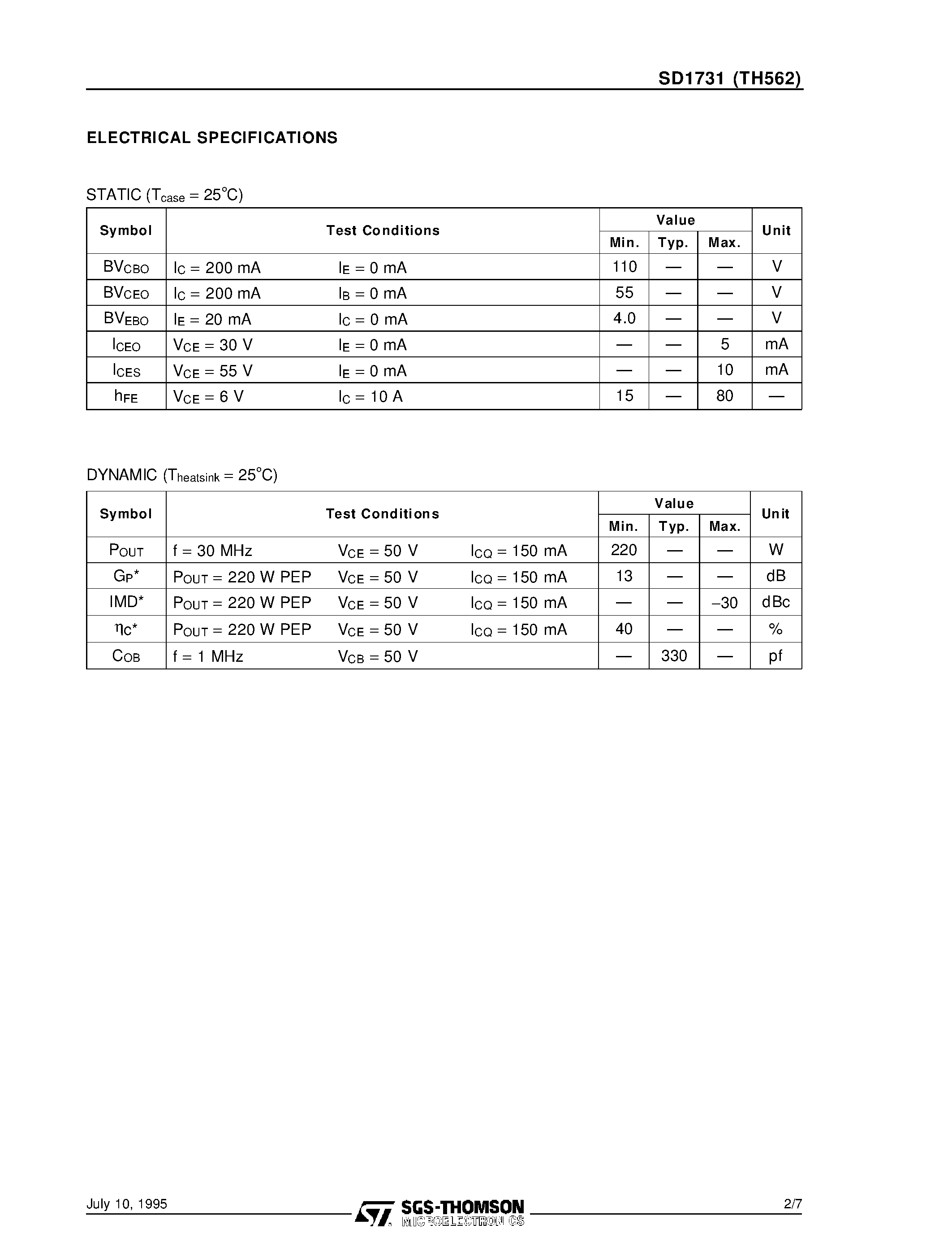 Datasheet TH562 - RF & MICROWAVE TRANSISTORS HF SSB APPLICATIONS page 2