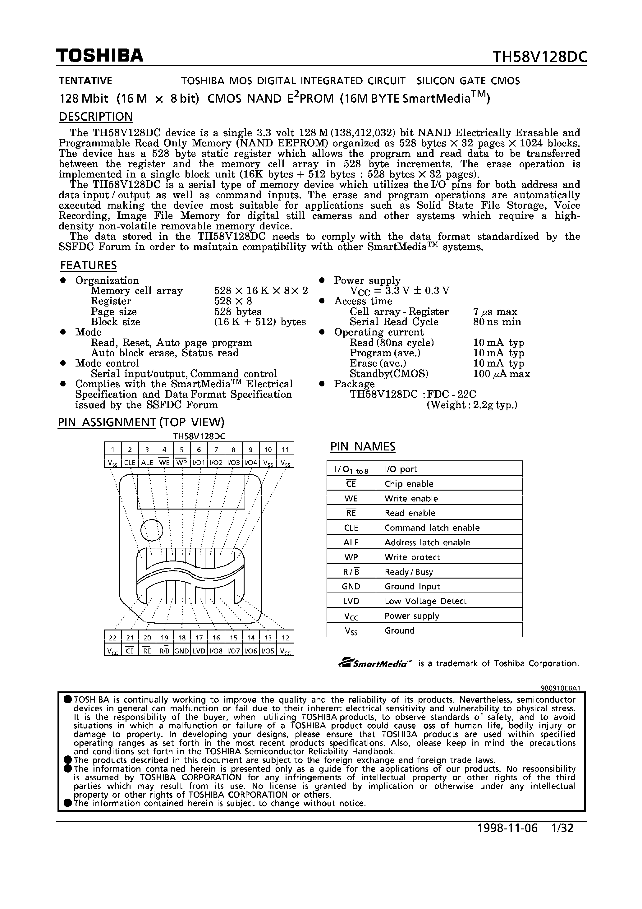 Даташит TH58V128DC - 128 Mbit (16M x 8bit) CMOS NAND E2PROM (16M BYTE SmartMedia) страница 1