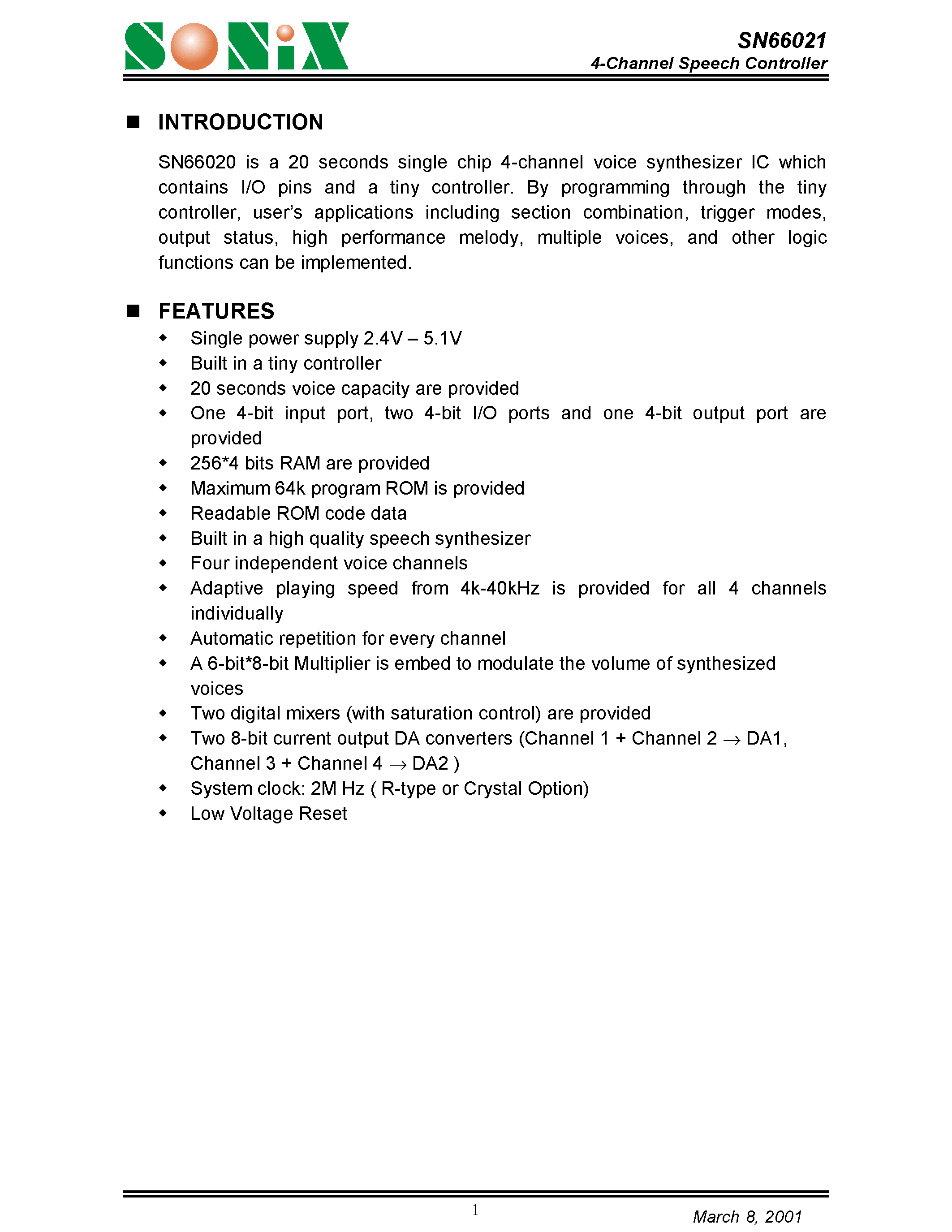 Даташит SN66021 - 4-Channel Speech Controller страница 1