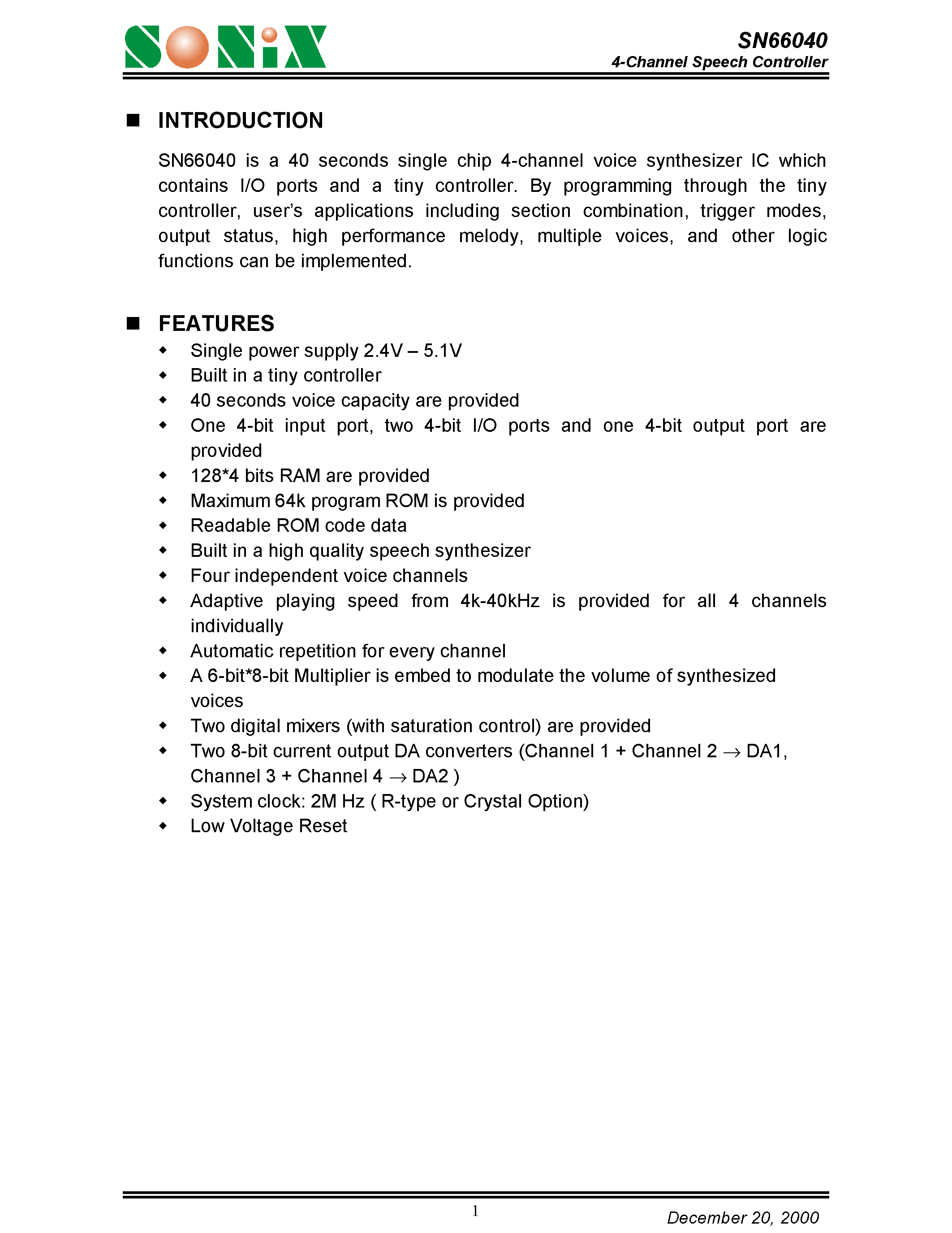 Datasheet SN66040 - 4-Channel Speech Controller page 1