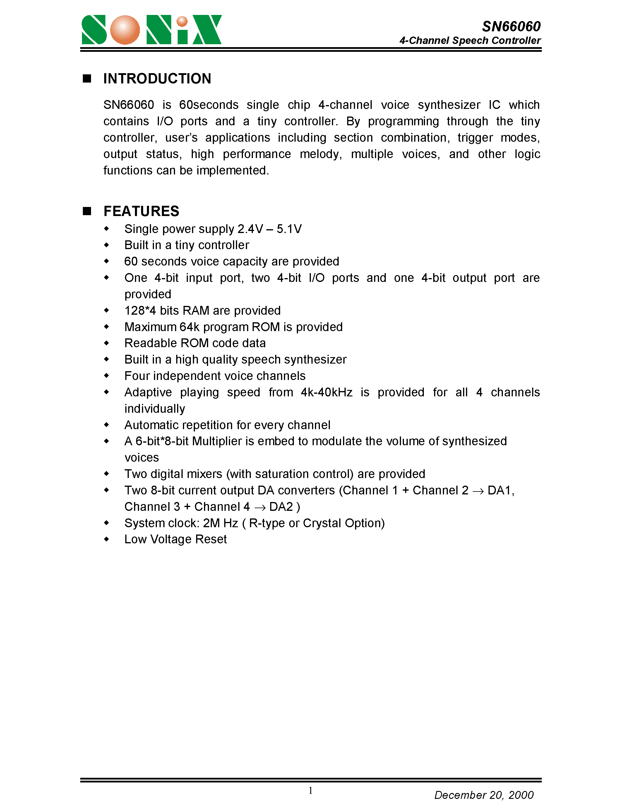 Datasheet SN66060 - 4-Channel Speech Controller page 1